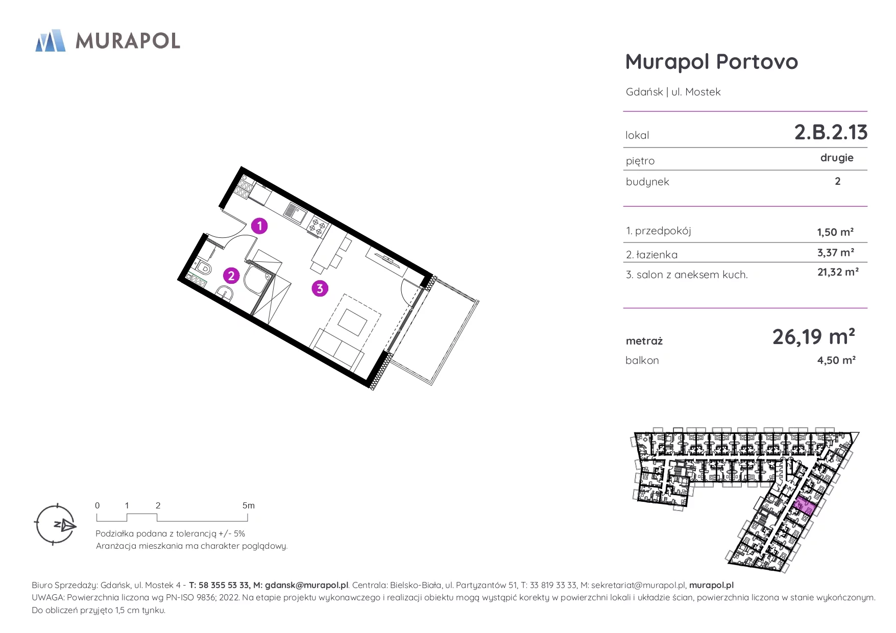 1 pokój, apartament inwestycyjny 26,19 m², piętro 2, oferta nr 2.B.2.13, Murapol Portovo, Gdańsk, Śródmieście, ul. Mostek