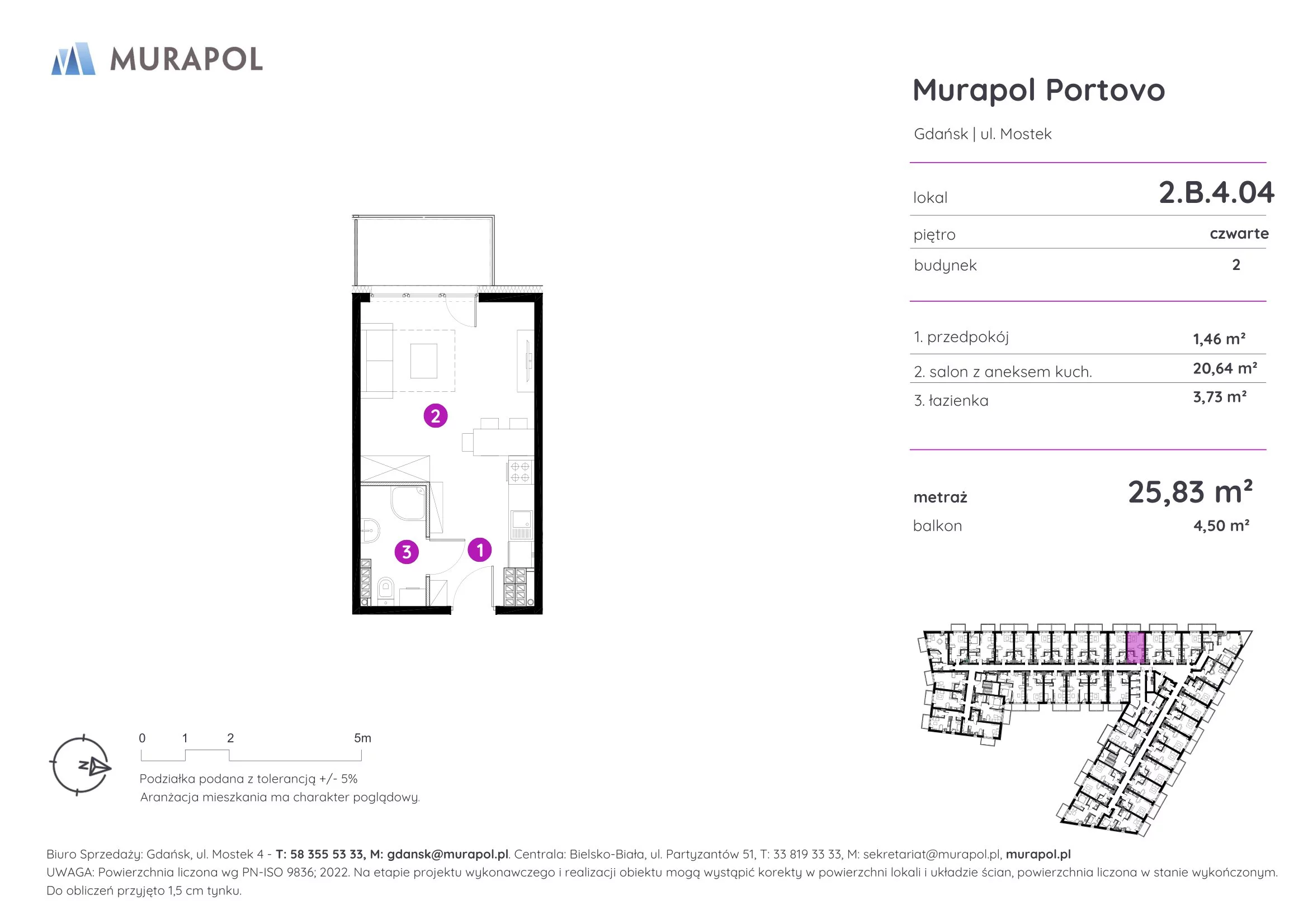 1 pokój, apartament inwestycyjny 25,83 m², piętro 4, oferta nr 2.B.4.04, Murapol Portovo, Gdańsk, Śródmieście, ul. Mostek