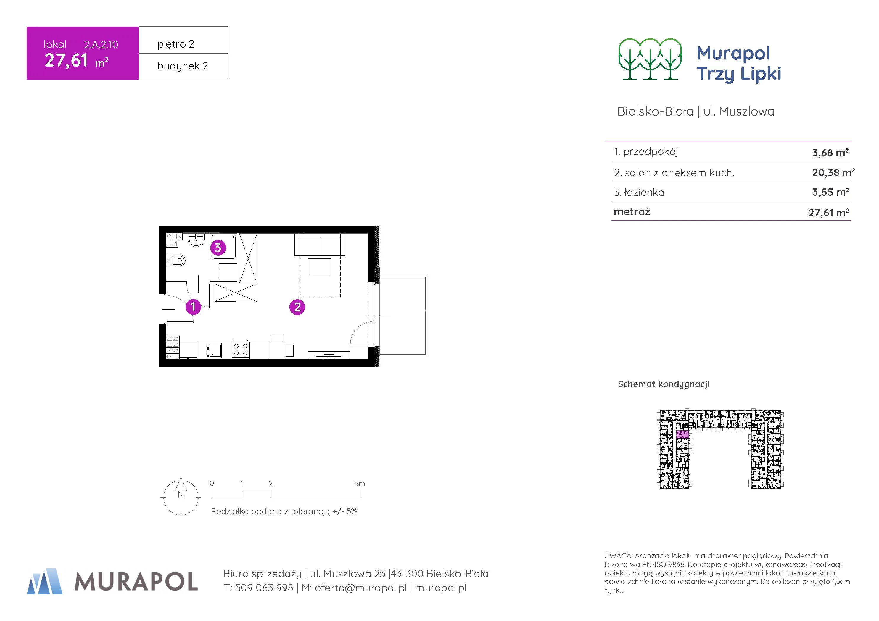 1 pokój, mieszkanie 27,61 m², piętro 2, oferta nr 2.A.2.10, Murapol Trzy Lipki, Bielsko-Biała, Stare Bielsko, ul. Muszlowa