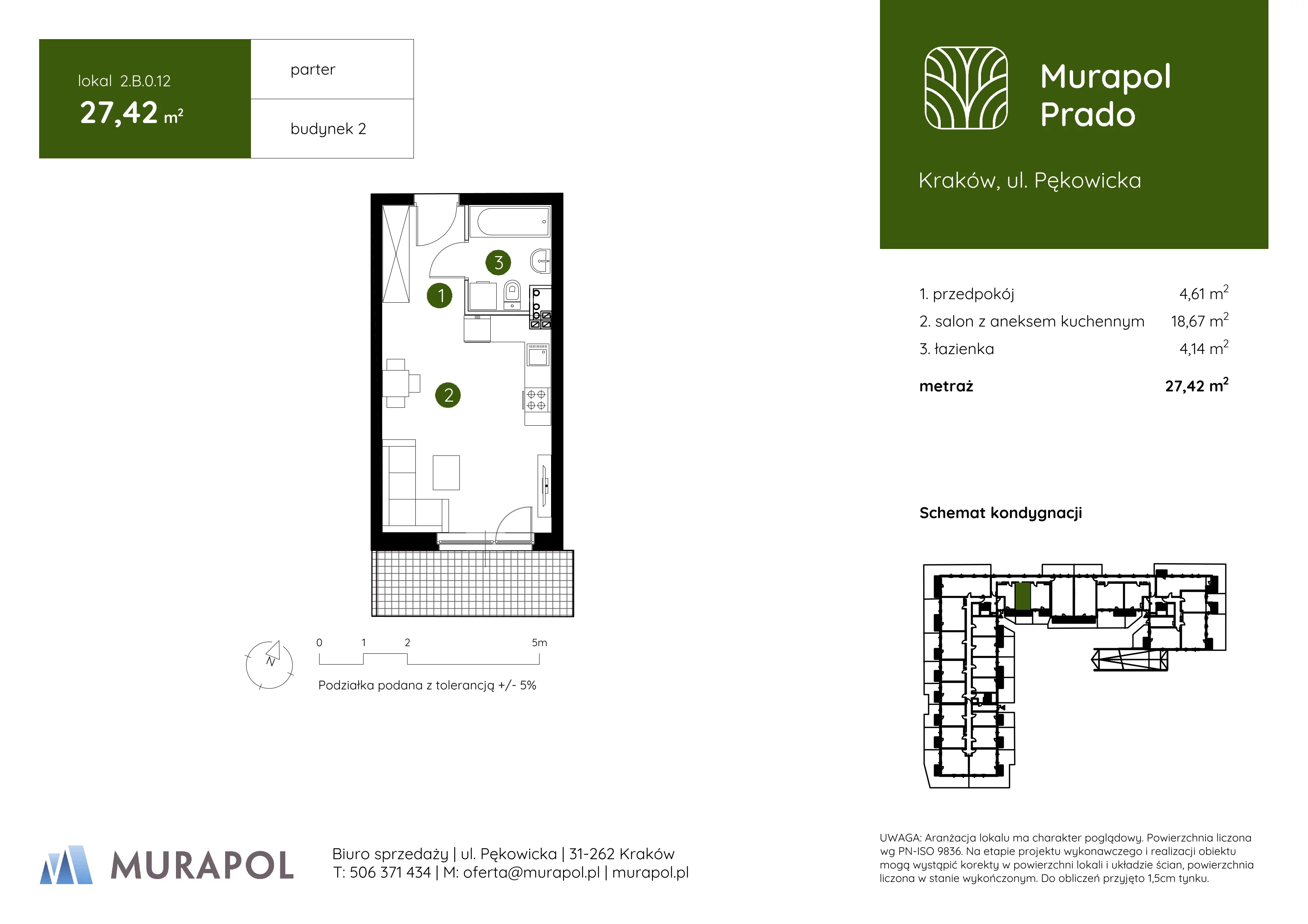 1 pokój, mieszkanie 27,42 m², parter, oferta nr 2.B.0.12, Murapol Prado, Kraków, Prądnik Biały, ul. Piaszczysta 31