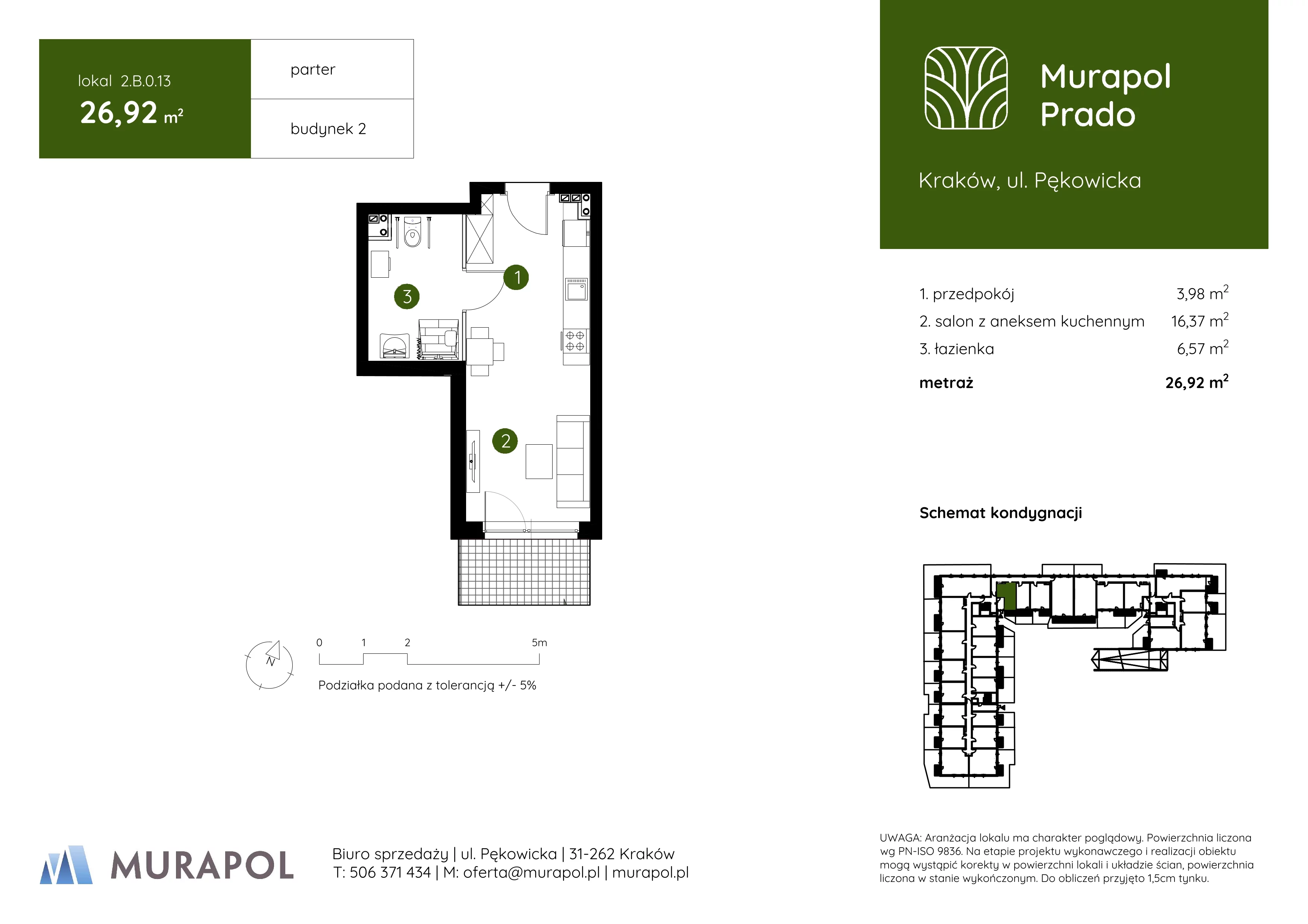 1 pokój, mieszkanie 26,92 m², parter, oferta nr 2.B.0.13, Murapol Prado, Kraków, Prądnik Biały, ul. Piaszczysta
