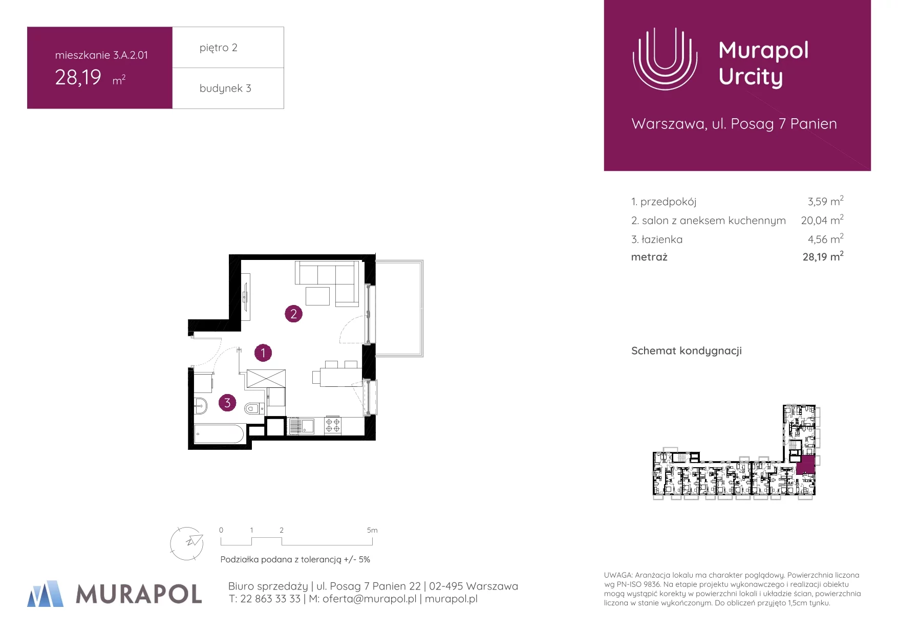 1 pokój, mieszkanie 28,19 m², piętro 2, oferta nr 3.A.2.01, Murapol Urcity, Warszawa, Ursus, Szamoty, ul. Posag 7 Panien