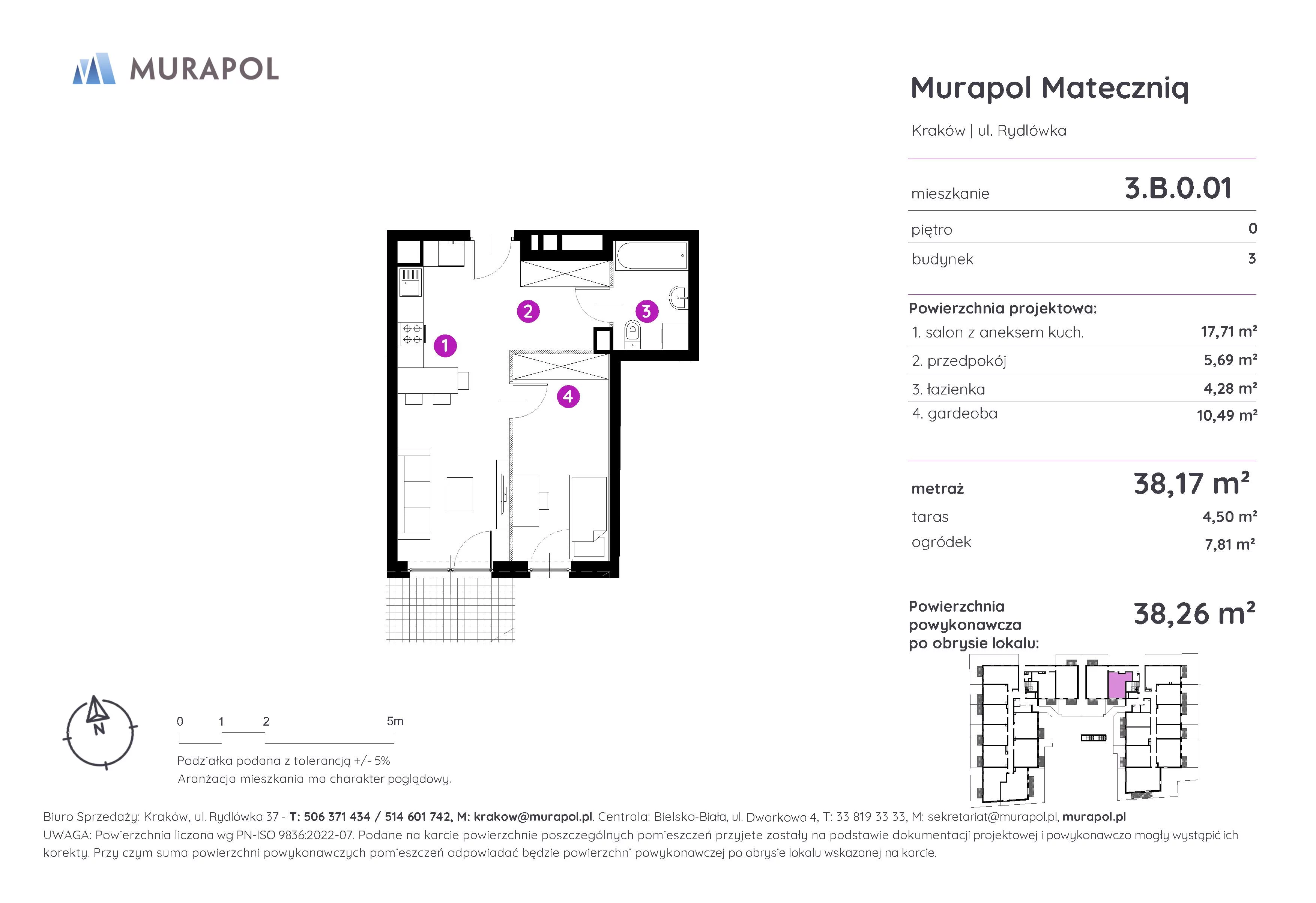 1 pokój, mieszkanie 38,26 m², parter, oferta nr 3.B.0.01, Murapol Mateczniq, Kraków, Podgórze, Mateczny, ul. Rydlówka