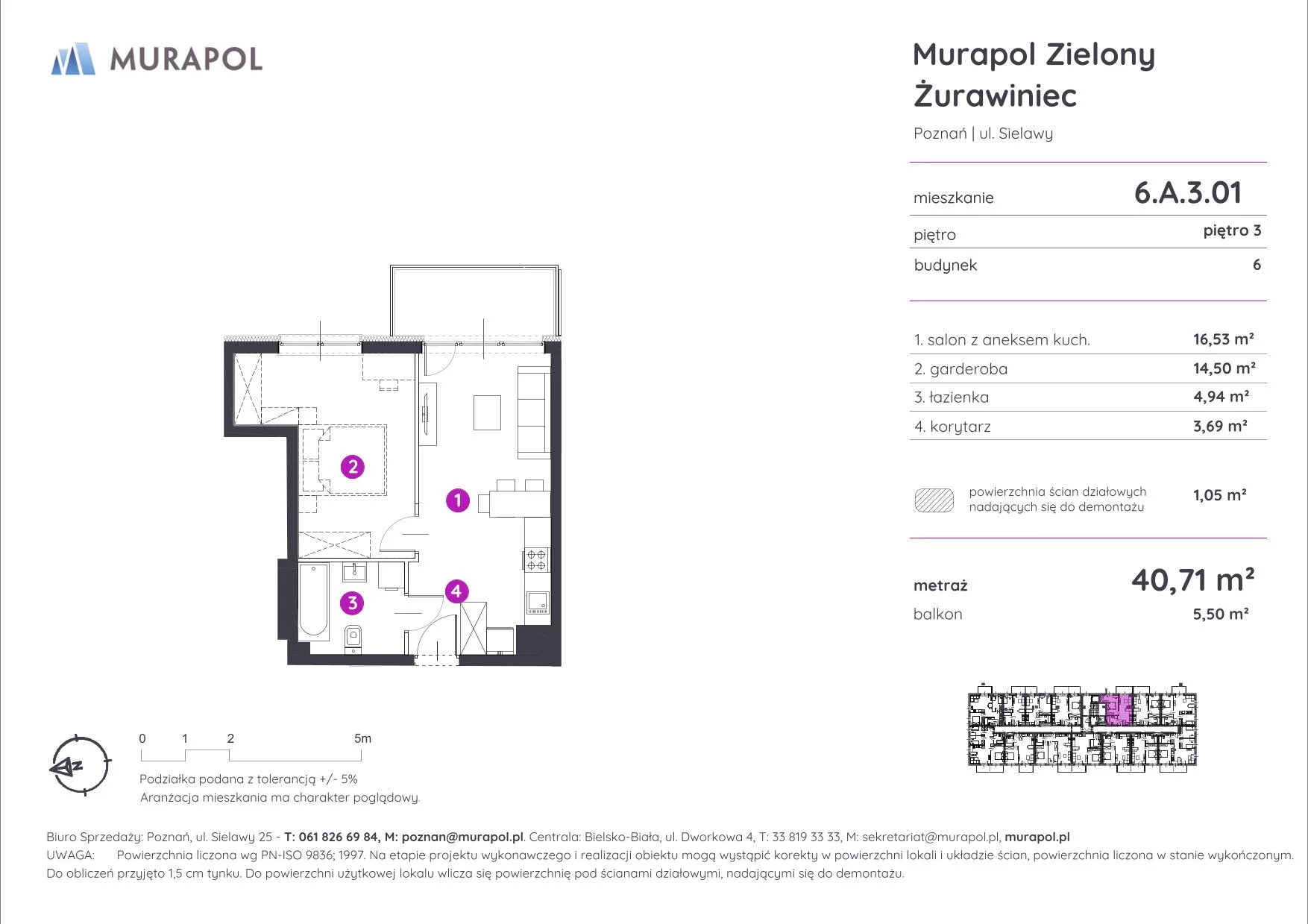 Mieszkanie 40,71 m², piętro 3, oferta nr 6.A.3.01, Murapol Zielony Żurawiniec, Poznań, Naramowice, ul. Sielawy