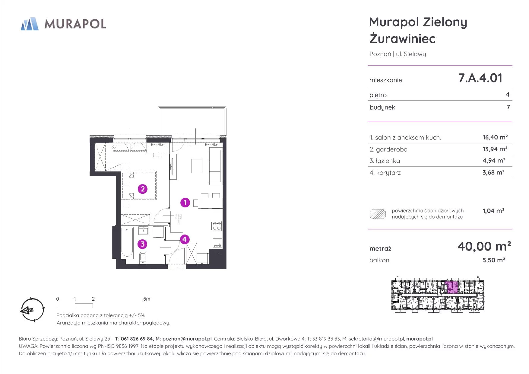 Mieszkanie 40,00 m², piętro 4, oferta nr 7.A.4.01, Murapol Zielony Żurawiniec, Poznań, Naramowice, ul. Sielawy