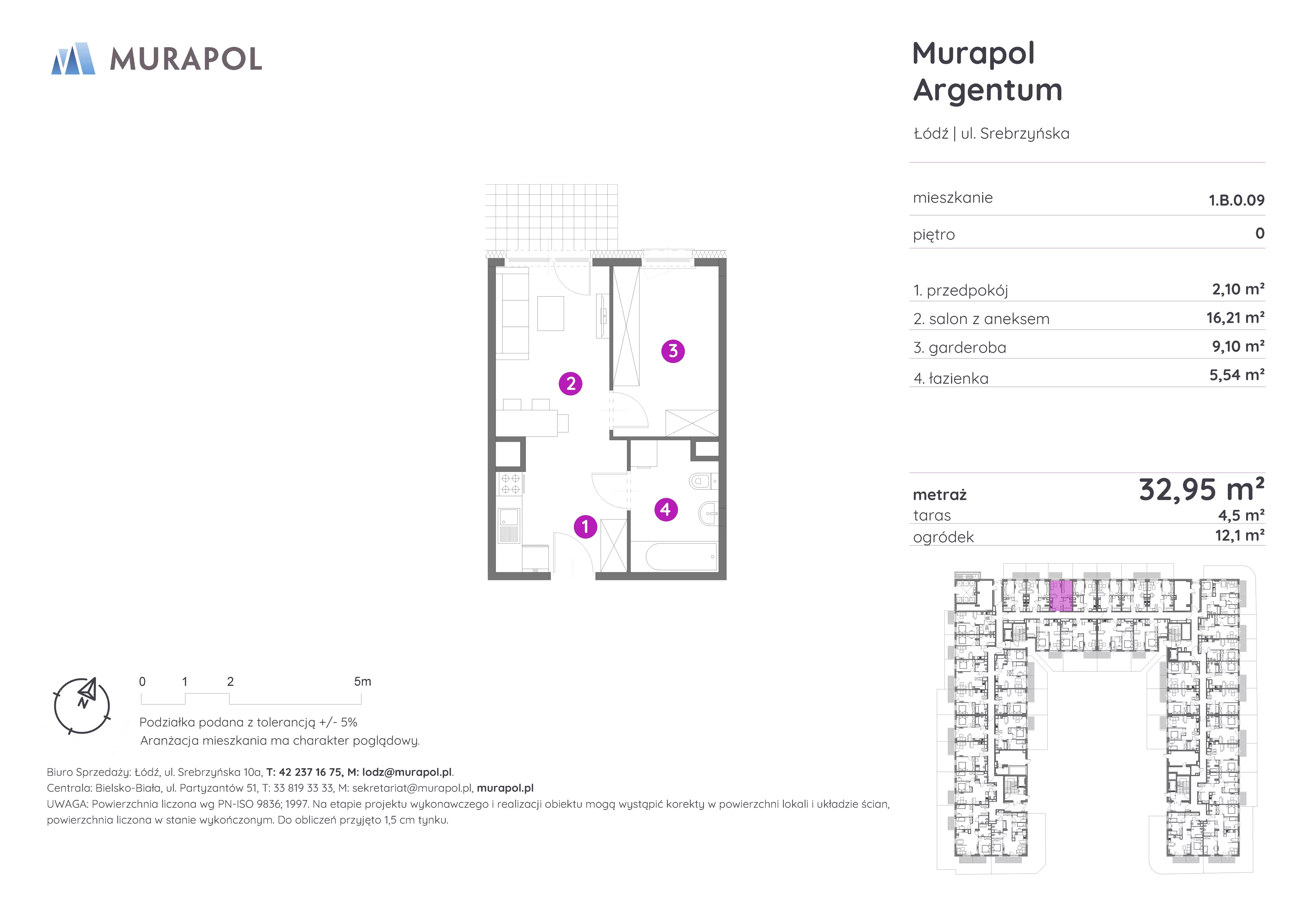 Mieszkanie 32,95 m², parter, oferta nr 1.B.0.09, Murapol Argentum, Łódź, Polesie, Stare Polesie, ul. Srebrzyńska