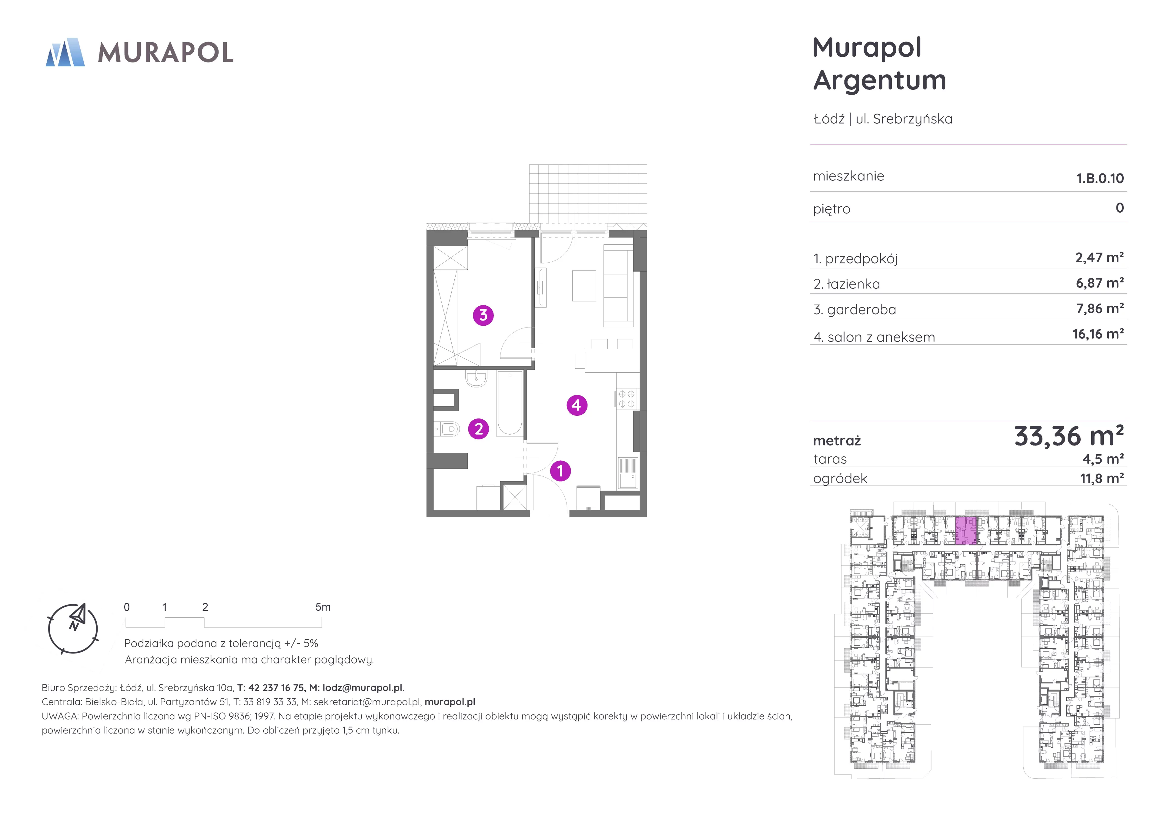 Mieszkanie 33,36 m², parter, oferta nr 1.B.0.10, Murapol Argentum, Łódź, Polesie, Stare Polesie, ul. Srebrzyńska