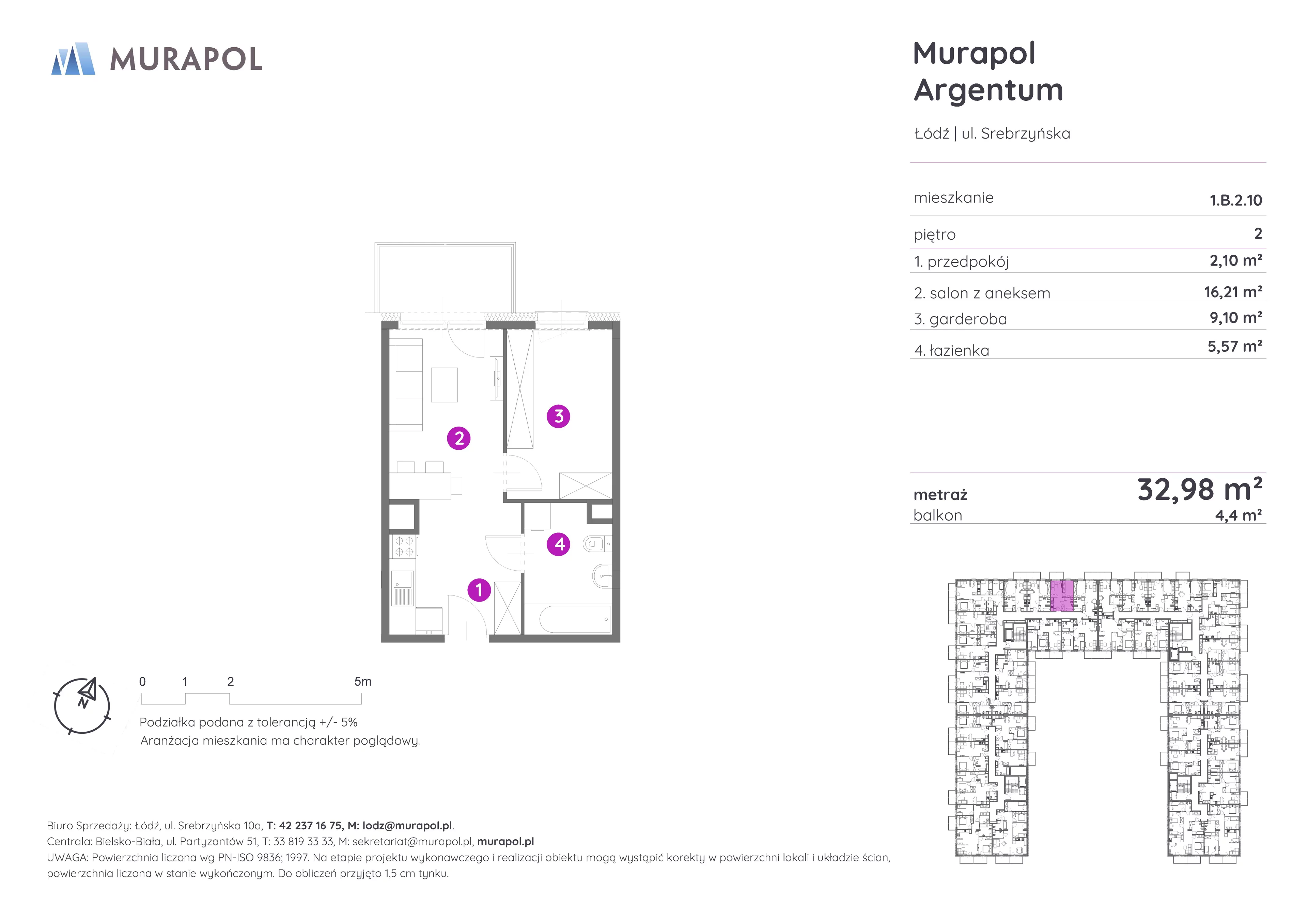 Mieszkanie 32,98 m², piętro 2, oferta nr 1.B.2.10, Murapol Argentum, Łódź, Polesie, Stare Polesie, ul. Srebrzyńska