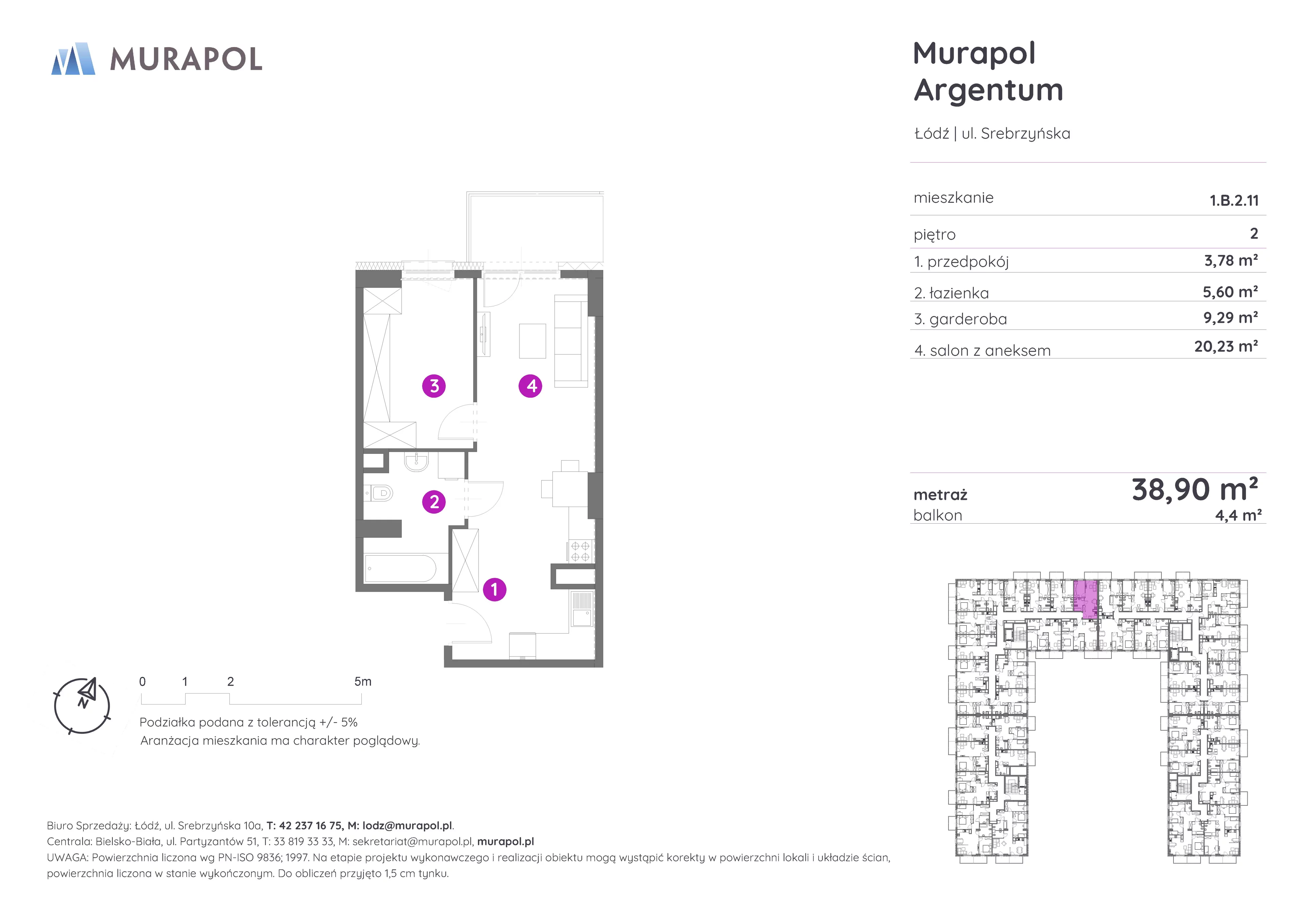 Mieszkanie 38,90 m², piętro 2, oferta nr 1.B.2.11, Murapol Argentum, Łódź, Polesie, Stare Polesie, ul. Srebrzyńska