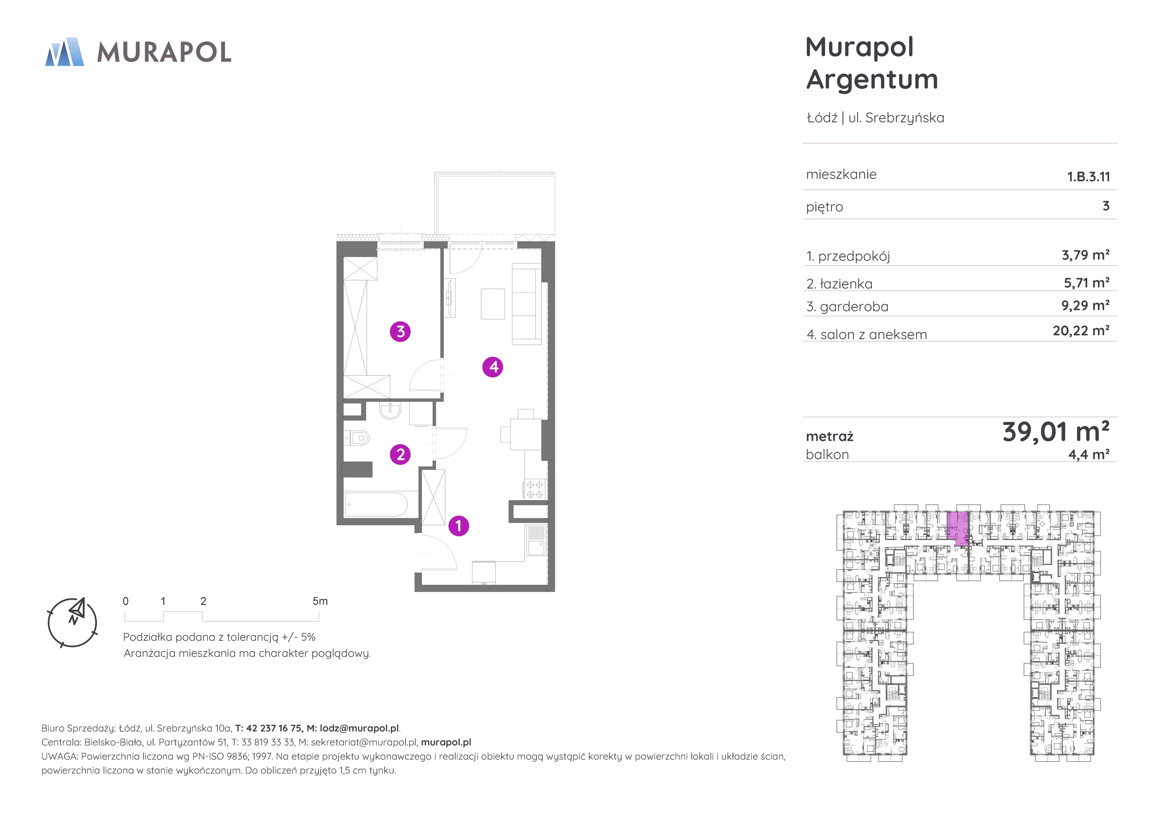 Mieszkanie 39,01 m², piętro 3, oferta nr 1.B.3.11, Murapol Argentum, Łódź, Polesie, Stare Polesie, ul. Srebrzyńska