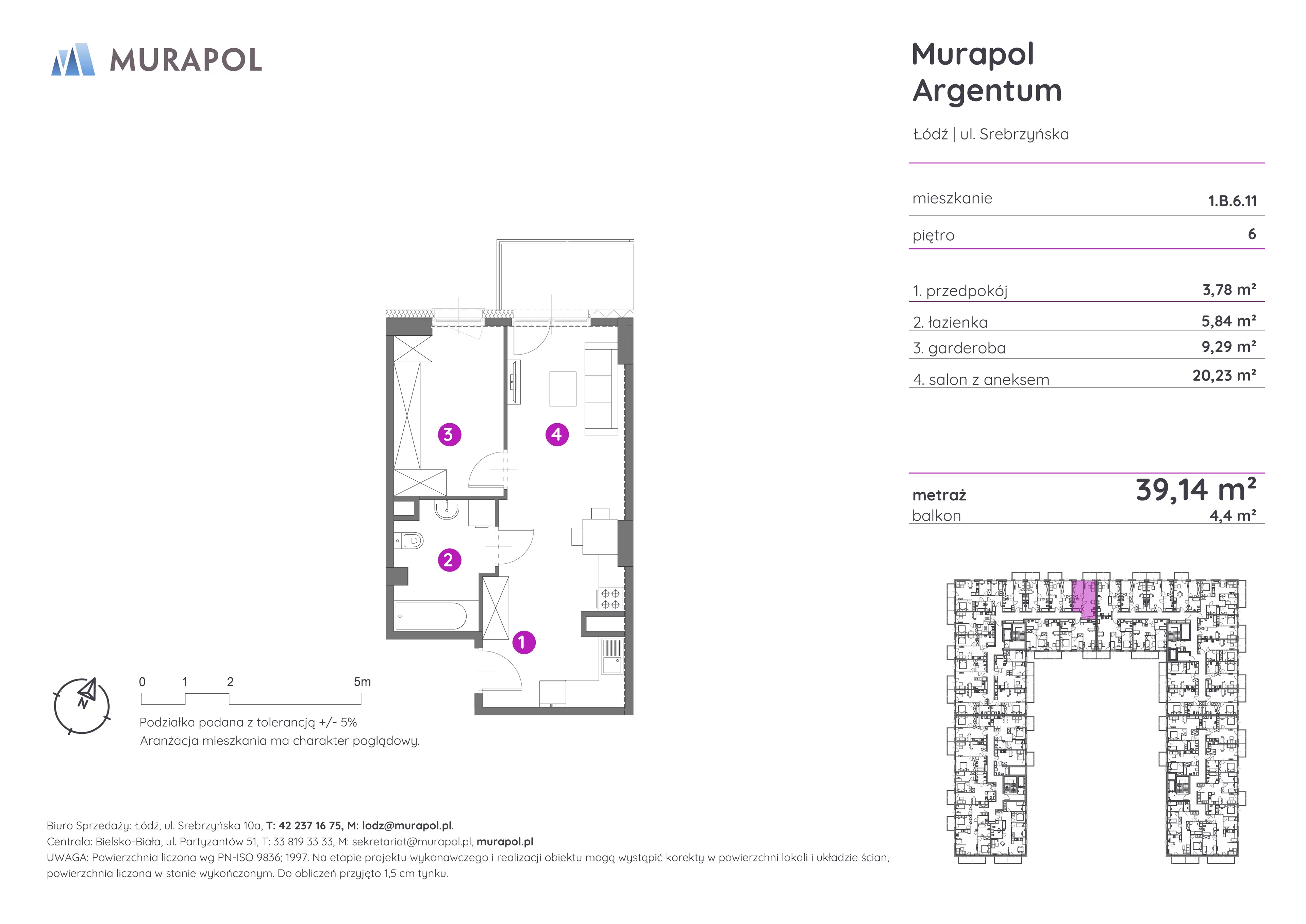 Mieszkanie 39,14 m², piętro 6, oferta nr 1.B.6.11, Murapol Argentum, Łódź, Polesie, Stare Polesie, ul. Srebrzyńska