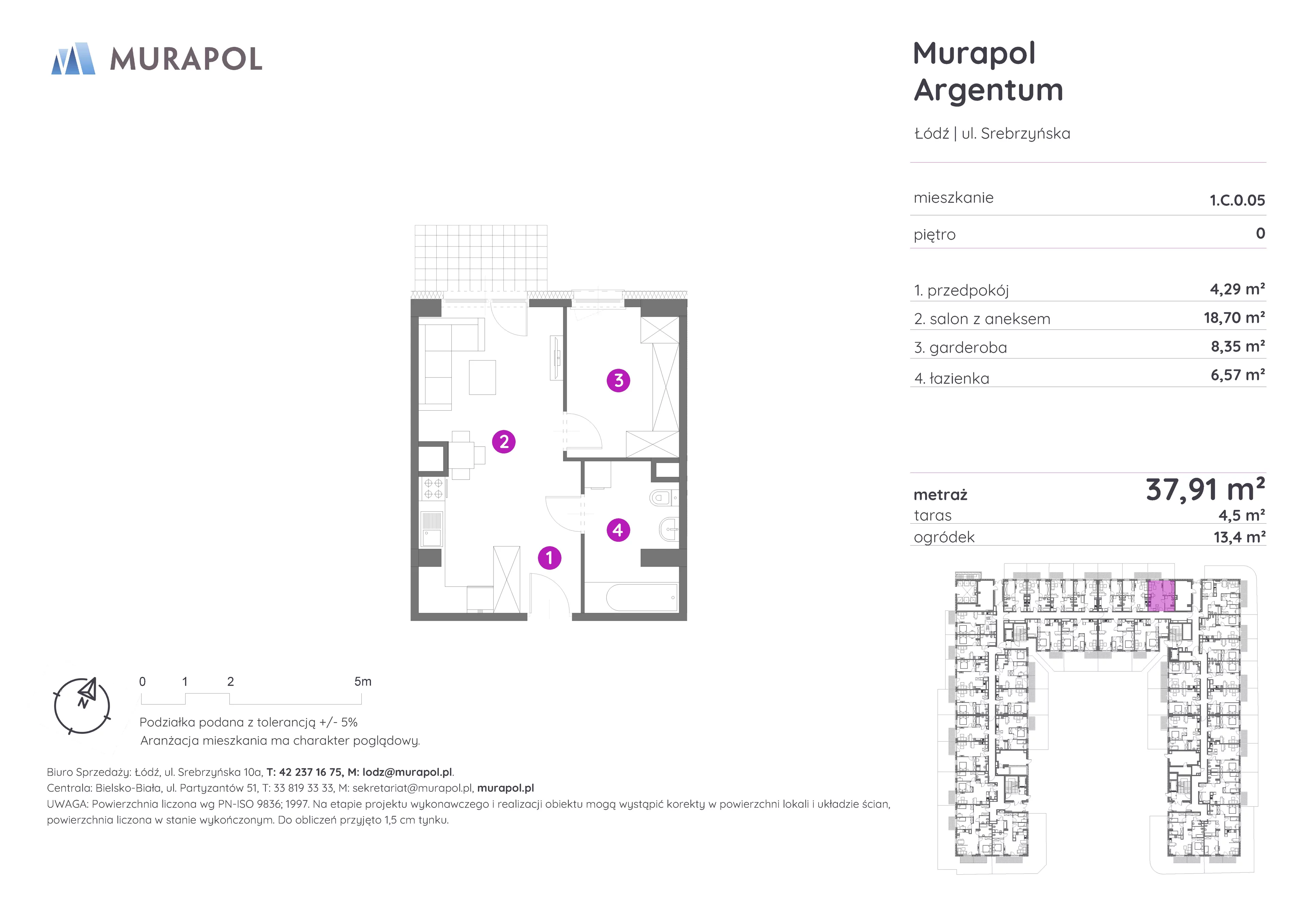 Mieszkanie 37,91 m², parter, oferta nr 1.C.0.05, Murapol Argentum, Łódź, Polesie, Stare Polesie, ul. Srebrzyńska