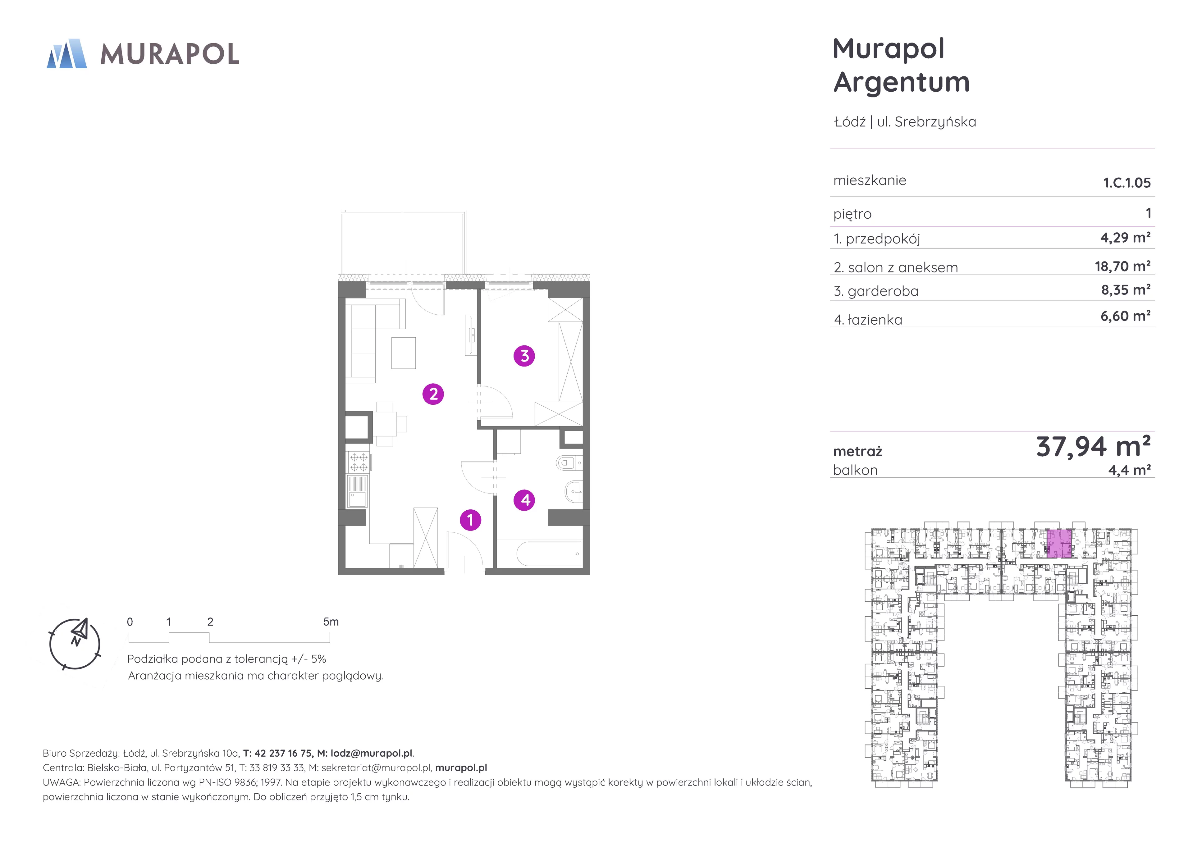 Mieszkanie 37,94 m², piętro 1, oferta nr 1.C.1.05, Murapol Argentum, Łódź, Polesie, Stare Polesie, ul. Srebrzyńska