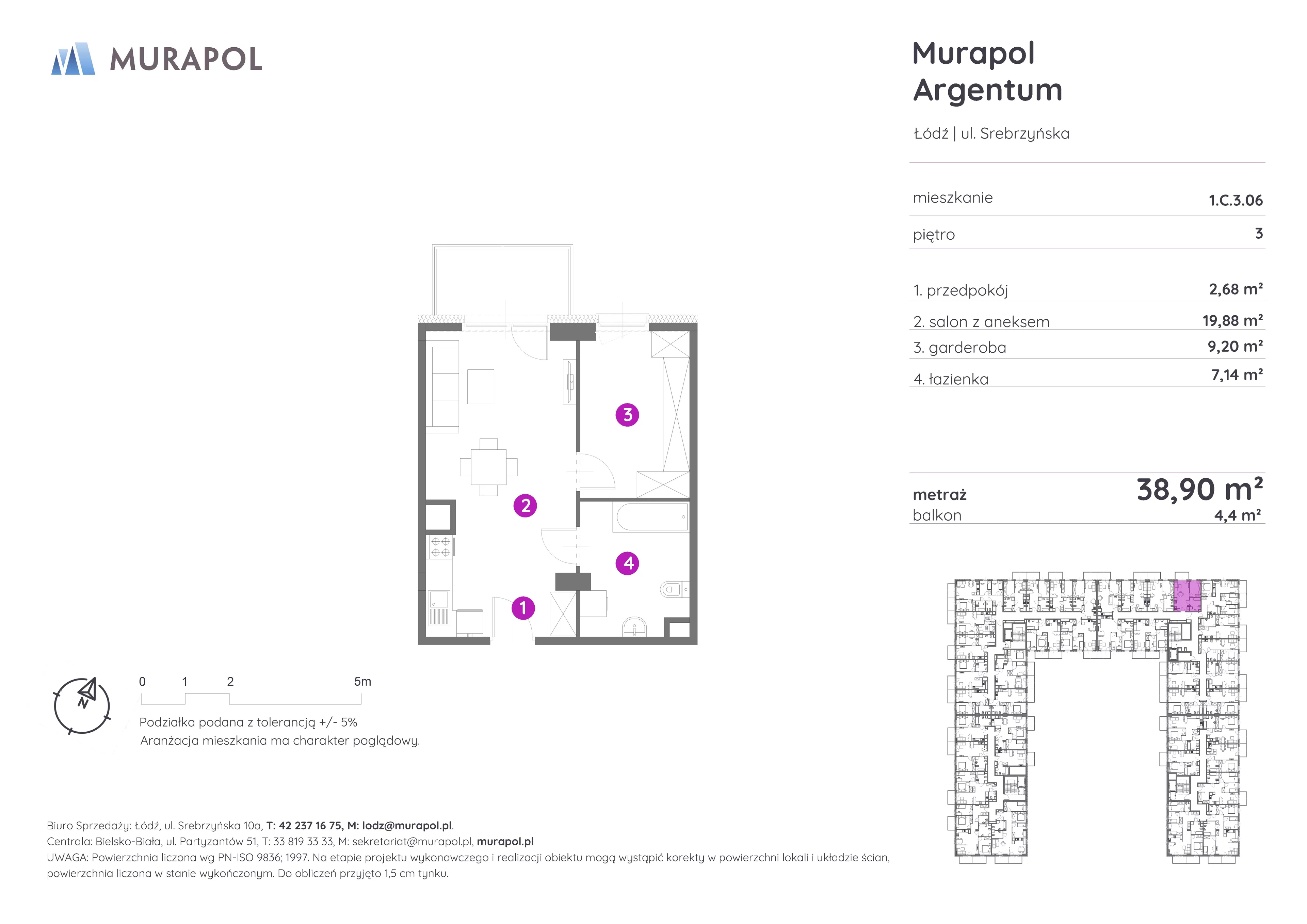 Mieszkanie 38,90 m², piętro 3, oferta nr 1.C.3.06, Murapol Argentum, Łódź, Polesie, Stare Polesie, ul. Srebrzyńska