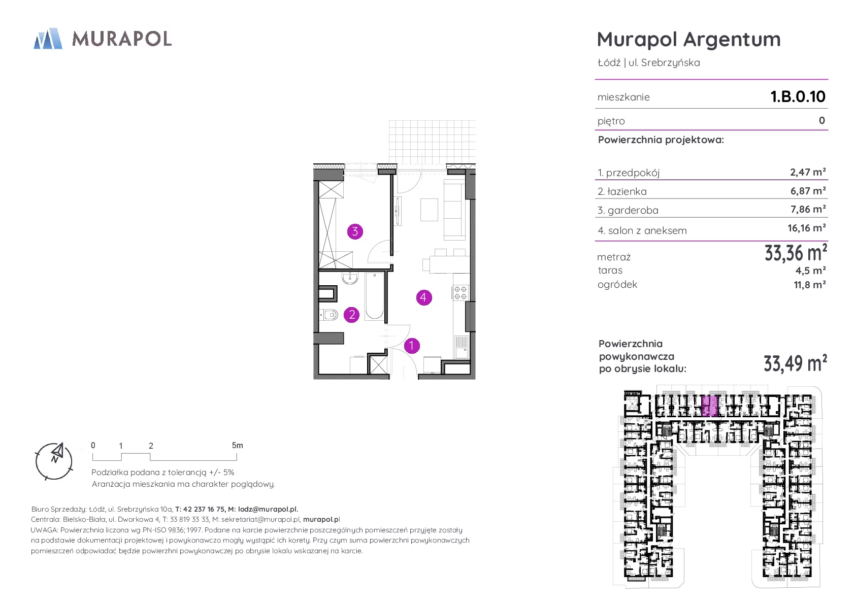 1 pokój, mieszkanie 33,49 m², parter, oferta nr 1.B.0.10, Murapol Argentum, Łódź, Polesie, Stare Polesie, ul. Srebrzyńska
