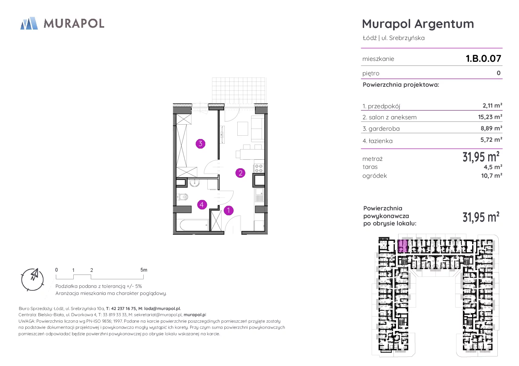 1 pokój, mieszkanie 31,95 m², parter, oferta nr 1.B.0.07, Murapol Argentum, Łódź, Polesie, Stare Polesie, ul. Srebrzyńska
