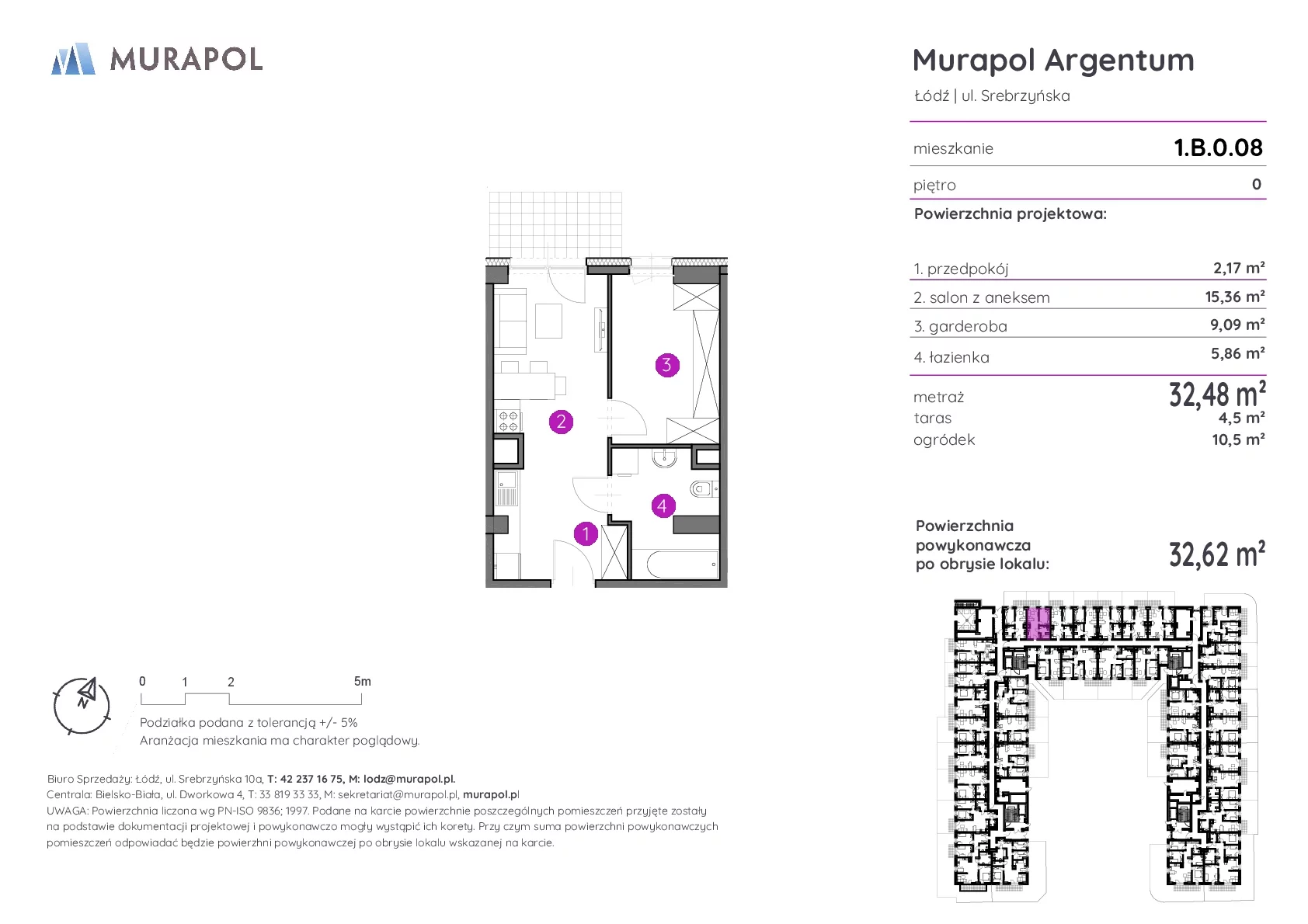 1 pokój, mieszkanie 32,62 m², parter, oferta nr 1.B.0.08, Murapol Argentum, Łódź, Polesie, Stare Polesie, ul. Srebrzyńska