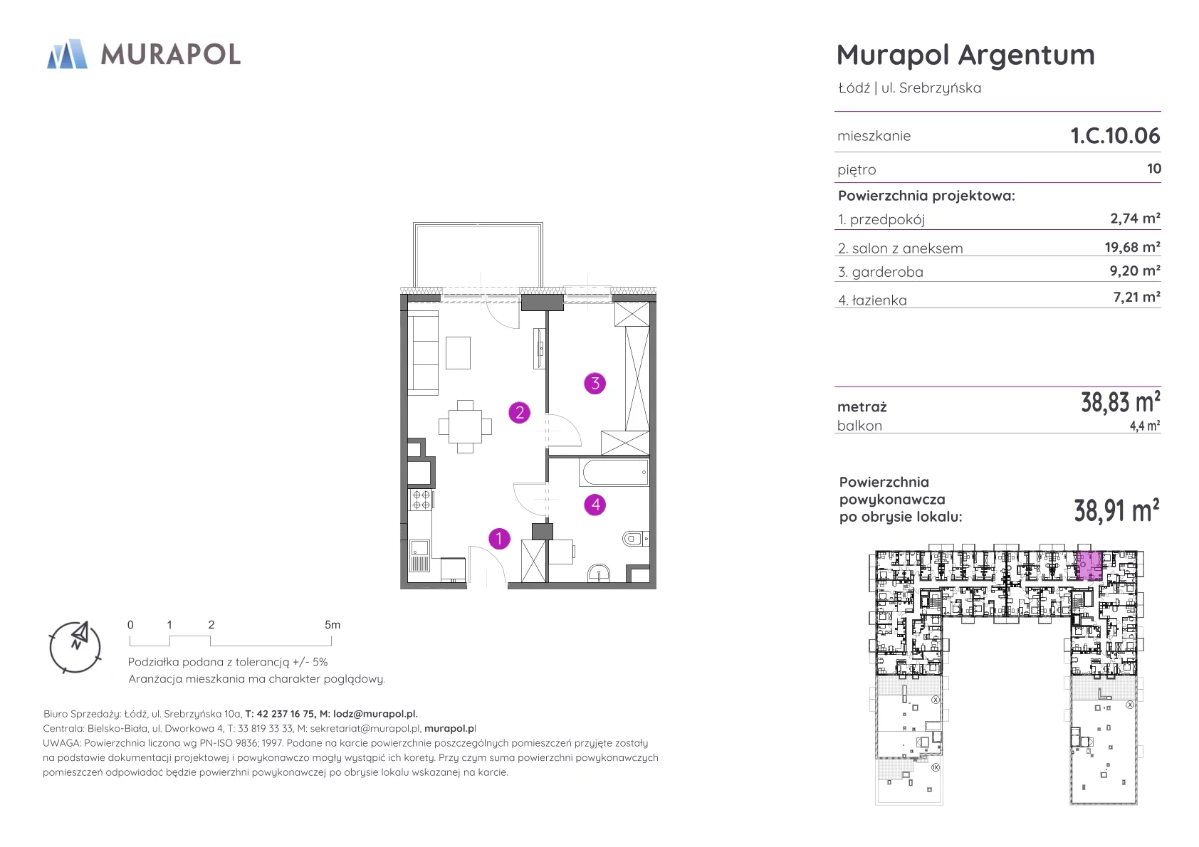 1 pokój, mieszkanie 38,91 m², piętro 10, oferta nr 1.C.10.06, Murapol Argentum, Łódź, Polesie, Stare Polesie, ul. Srebrzyńska