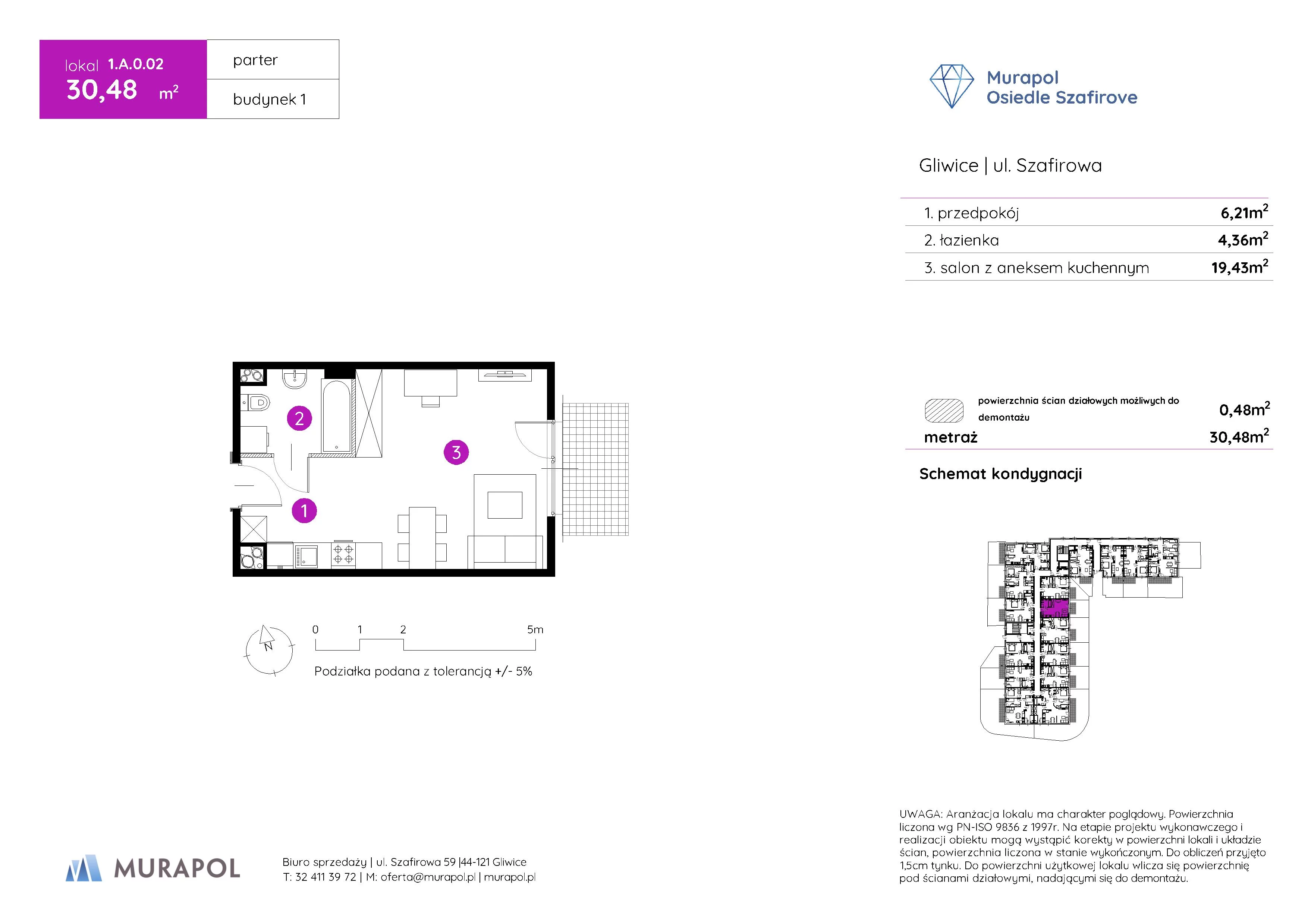 Mieszkanie 30,48 m², parter, oferta nr 1.A.0.02, Murapol Osiedle Szafirove, Gliwice, Stare Gliwice, ul. Szafirowa