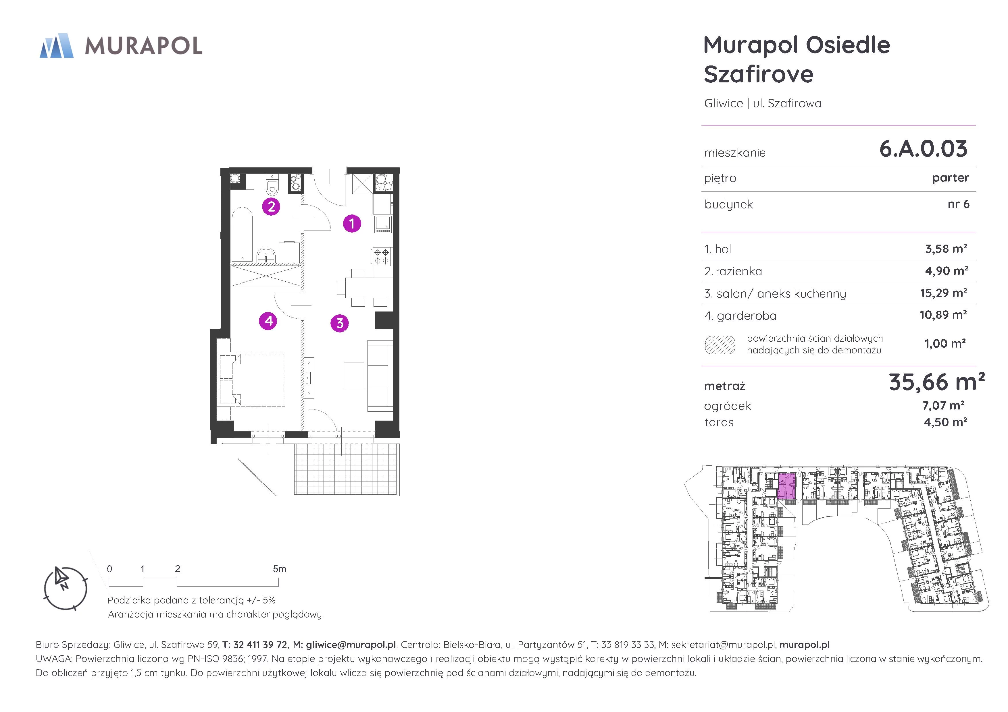 1 pokój, mieszkanie 35,66 m², parter, oferta nr 6.A.0.03, Murapol Osiedle Szafirove, Gliwice, Stare Gliwice, ul. Szafirowa