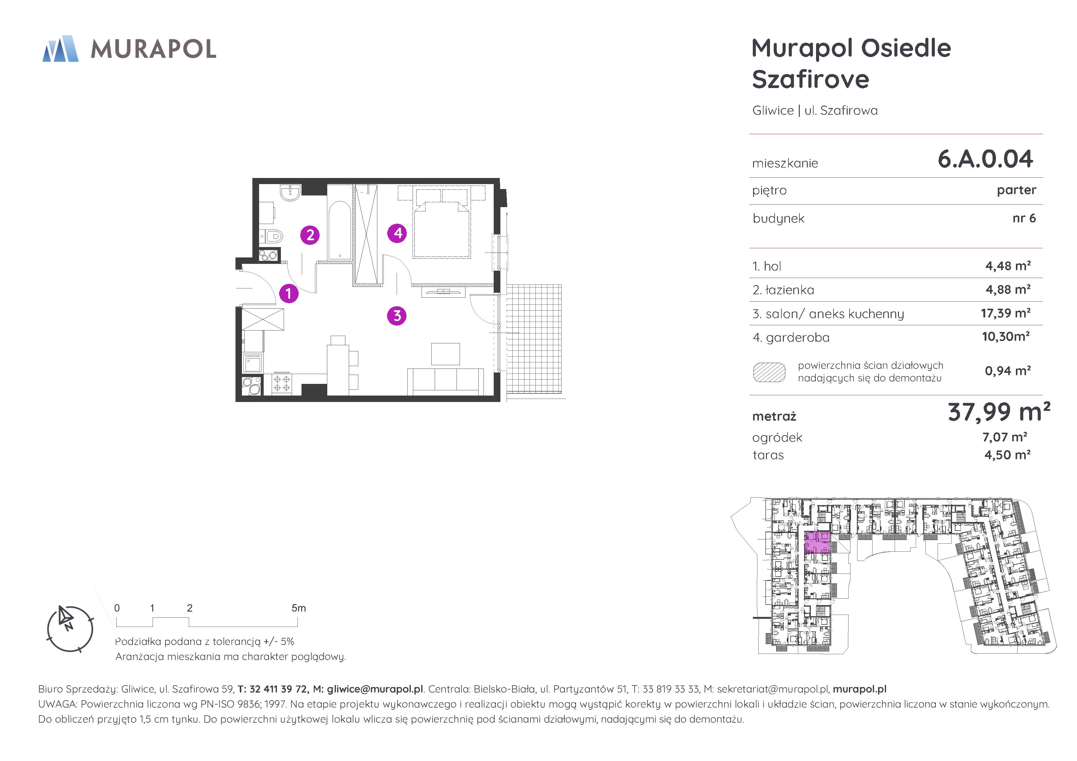 1 pokój, mieszkanie 37,99 m², parter, oferta nr 6.A.0.04, Murapol Osiedle Szafirove, Gliwice, Stare Gliwice, ul. Szafirowa