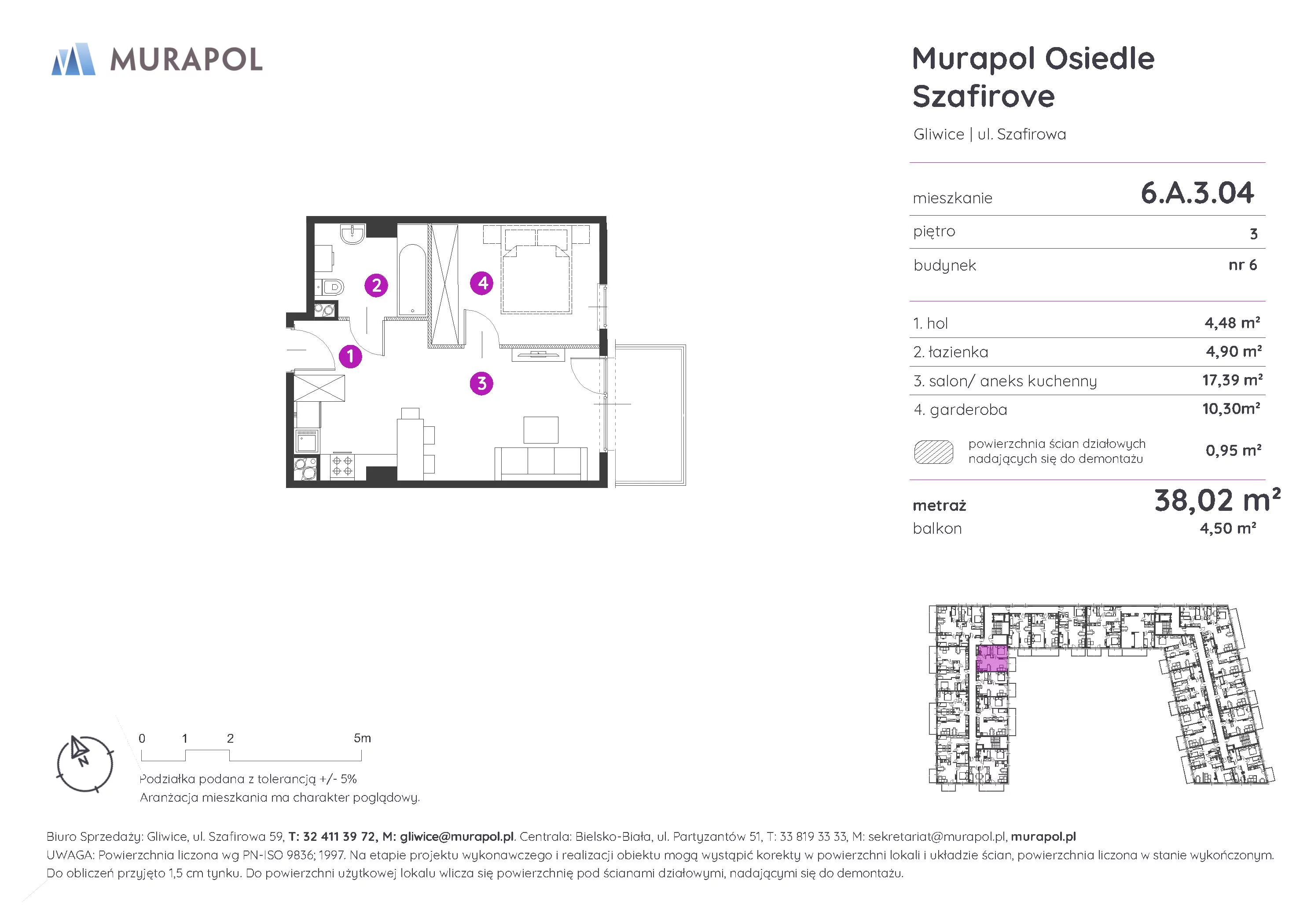 1 pokój, mieszkanie 38,02 m², piętro 3, oferta nr 6.A.3.04, Murapol Osiedle Szafirove, Gliwice, Stare Gliwice, ul. Szafirowa
