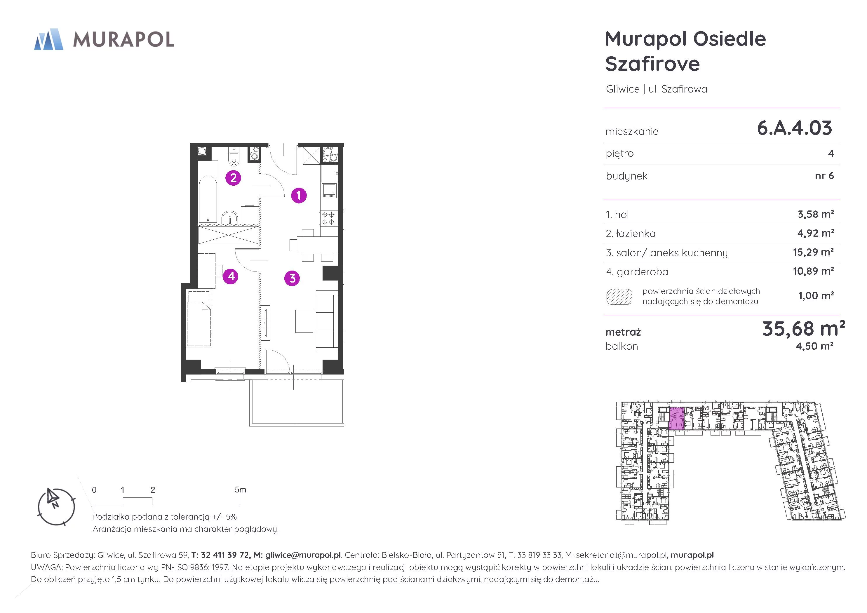 1 pokój, mieszkanie 35,68 m², piętro 4, oferta nr 6.A.4.03, Murapol Osiedle Szafirove, Gliwice, Stare Gliwice, ul. Szafirowa