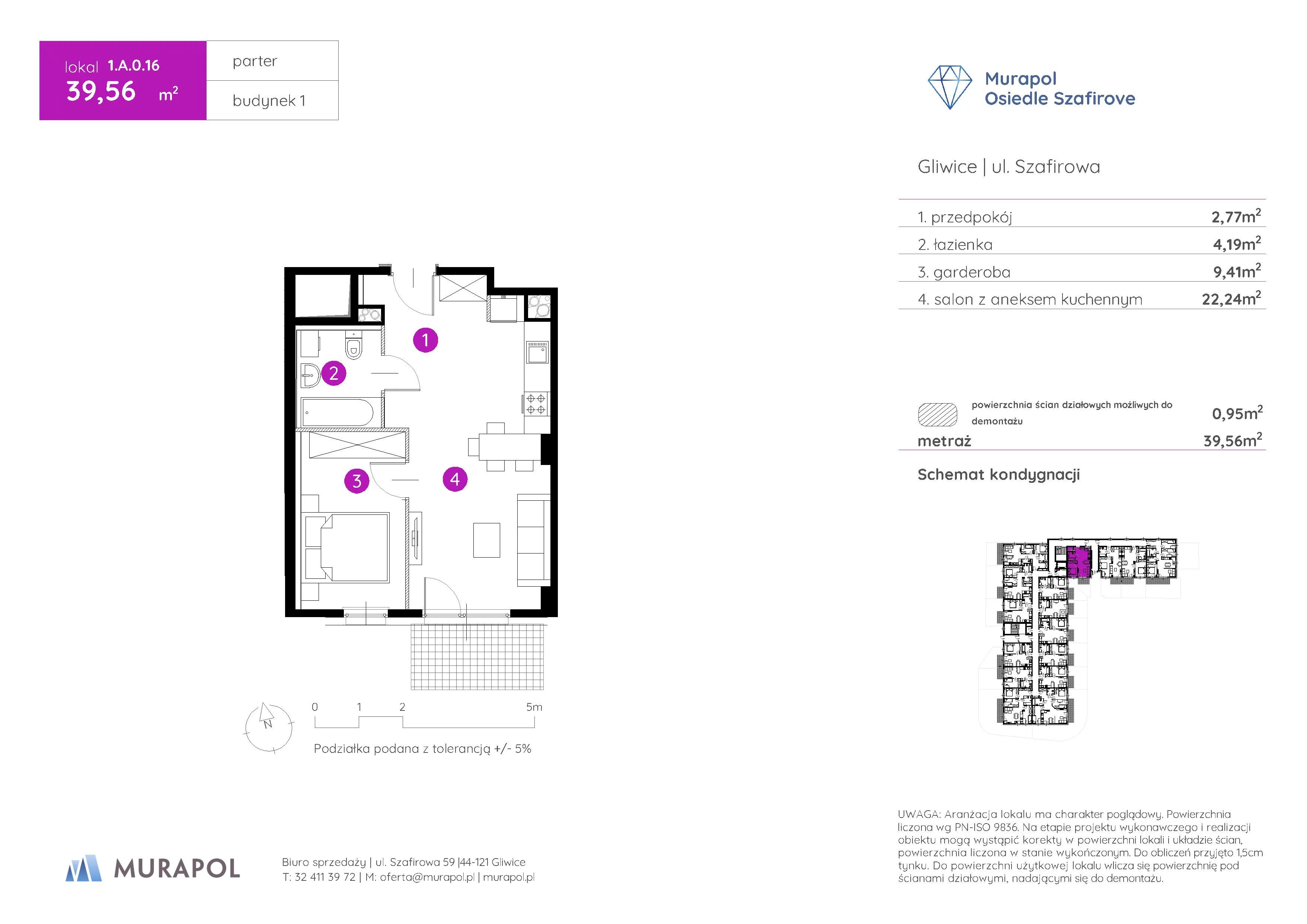 1 pokój, mieszkanie 39,56 m², parter, oferta nr 1.A.0.16, Murapol Osiedle Szafirove, Gliwice, Stare Gliwice, ul. Szafirowa