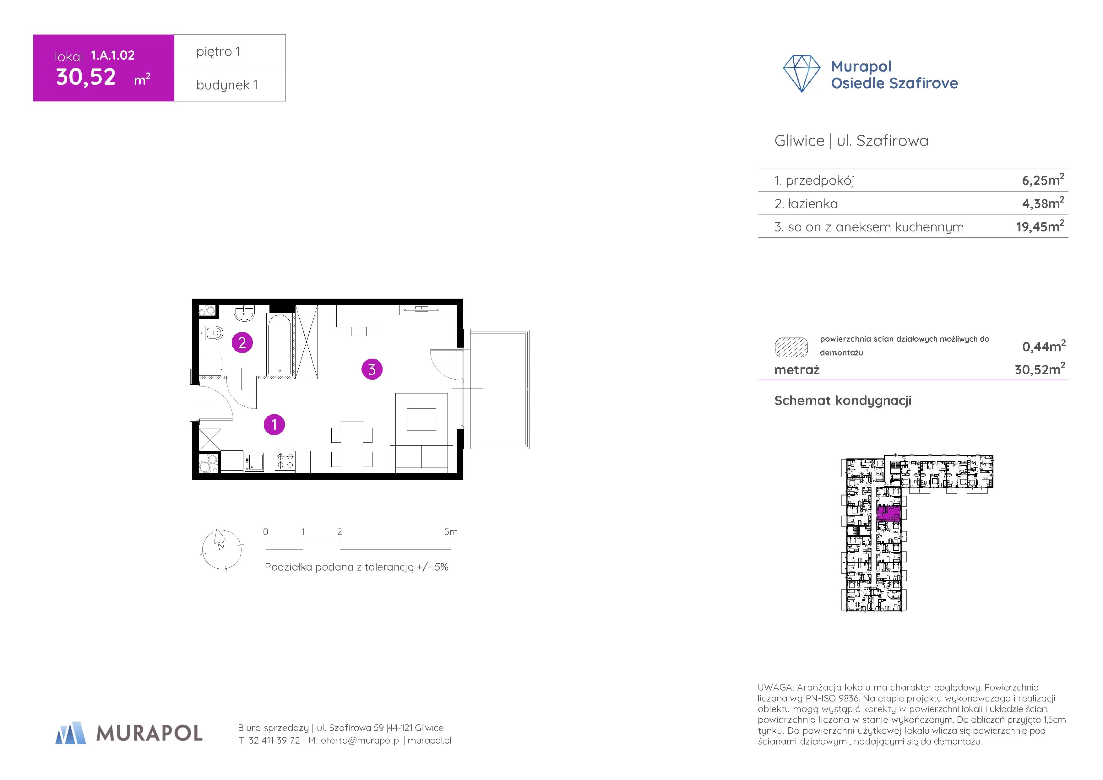1 pokój, mieszkanie 30,52 m², piętro 1, oferta nr 1.A.1.02, Murapol Osiedle Szafirove, Gliwice, Stare Gliwice, ul. Szafirowa