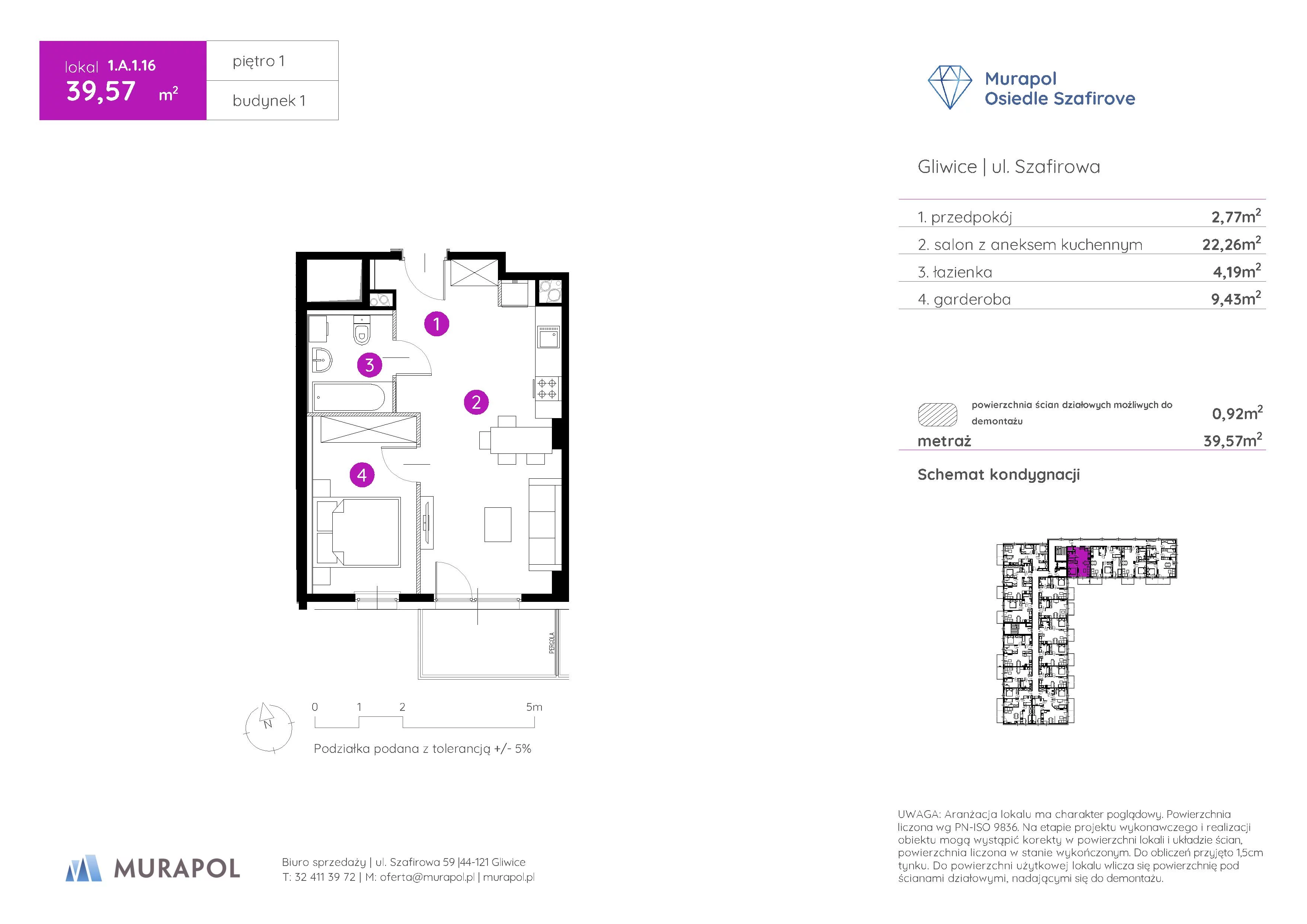 1 pokój, mieszkanie 39,57 m², piętro 1, oferta nr 1.A.1.16, Murapol Osiedle Szafirove, Gliwice, Stare Gliwice, ul. Szafirowa