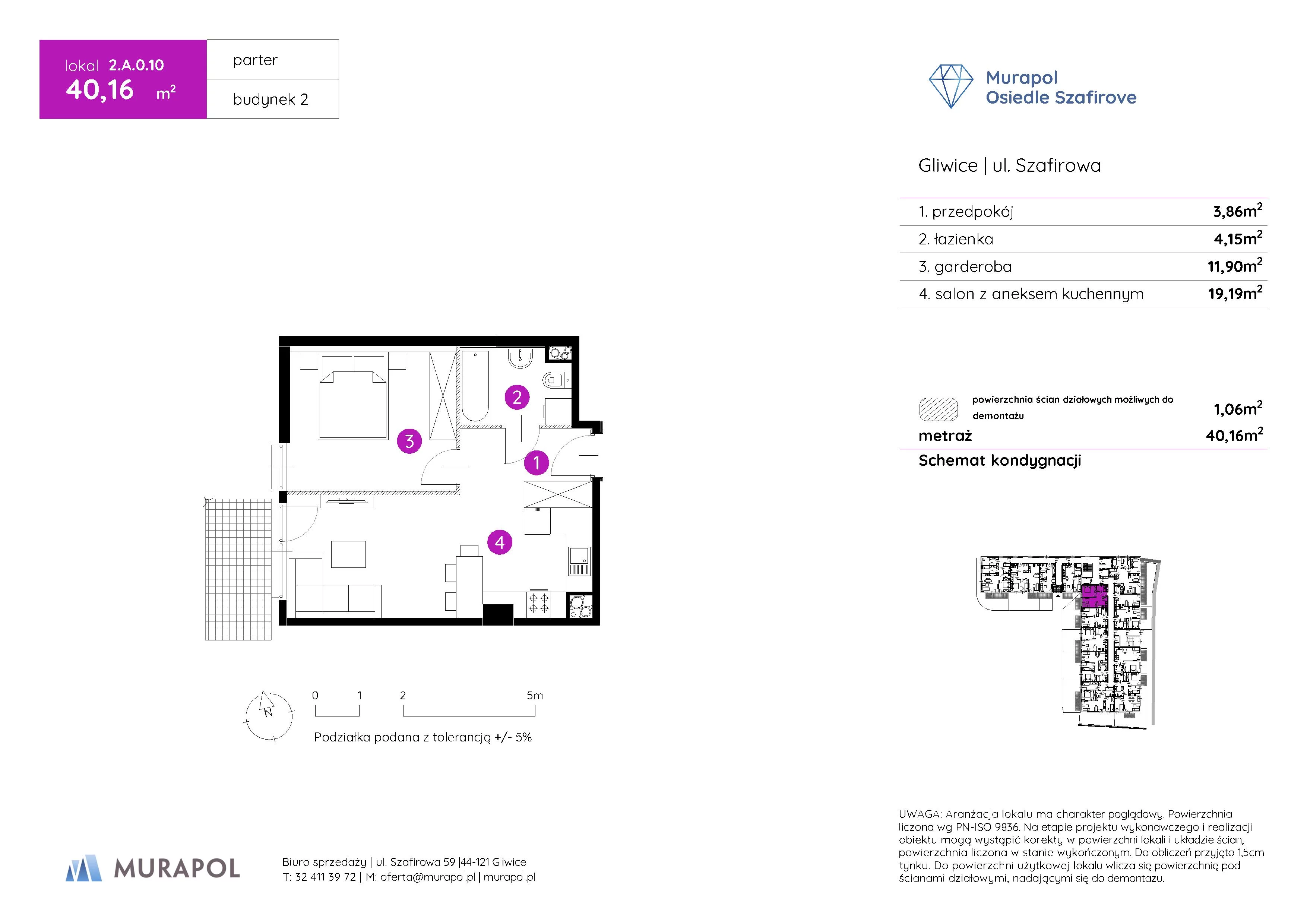 1 pokój, mieszkanie 40,16 m², parter, oferta nr 2.A.0.10, Murapol Osiedle Szafirove, Gliwice, Stare Gliwice, ul. Szafirowa