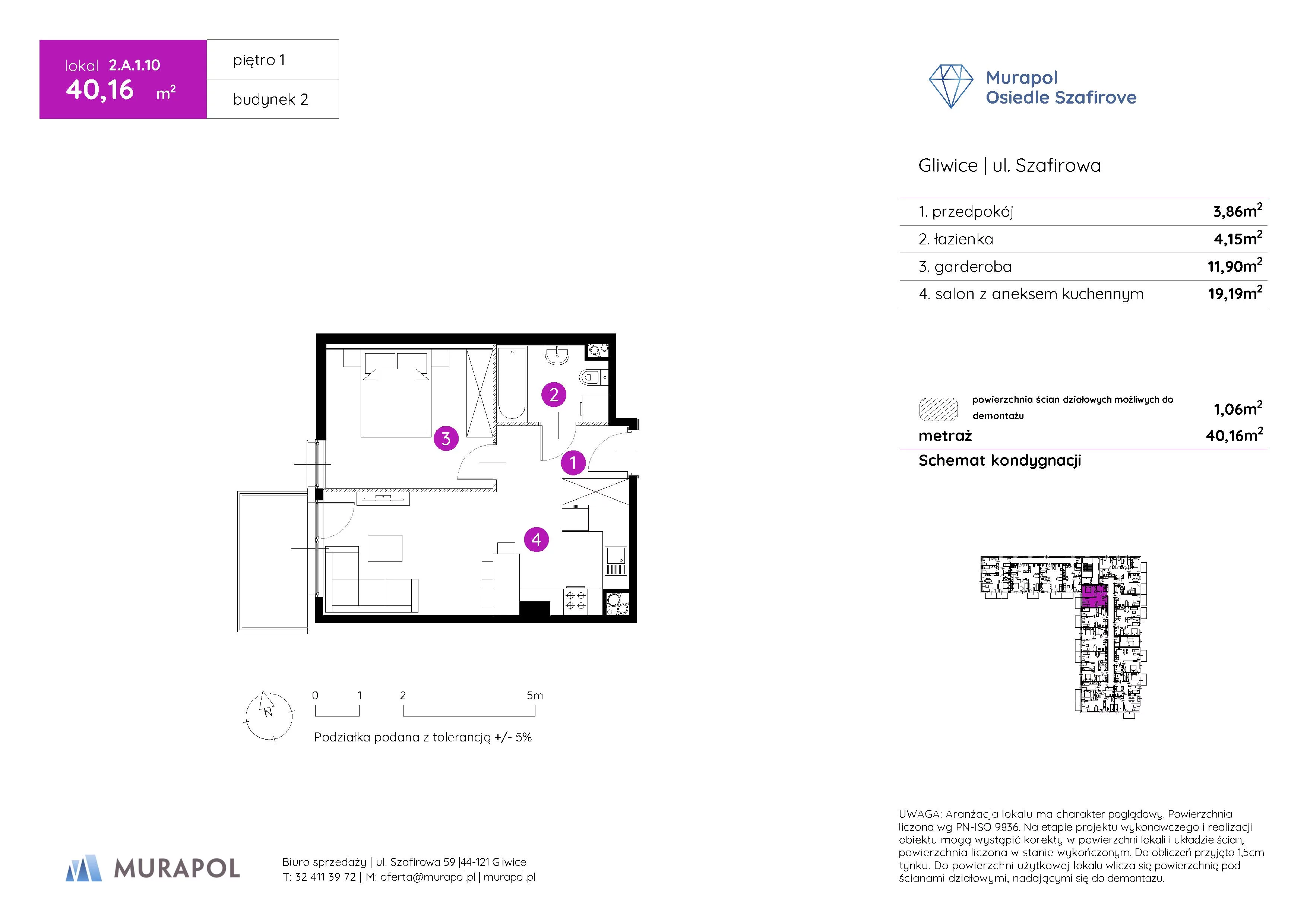 1 pokój, mieszkanie 40,16 m², piętro 1, oferta nr 2.A.1.10, Murapol Osiedle Szafirove, Gliwice, Stare Gliwice, ul. Szafirowa