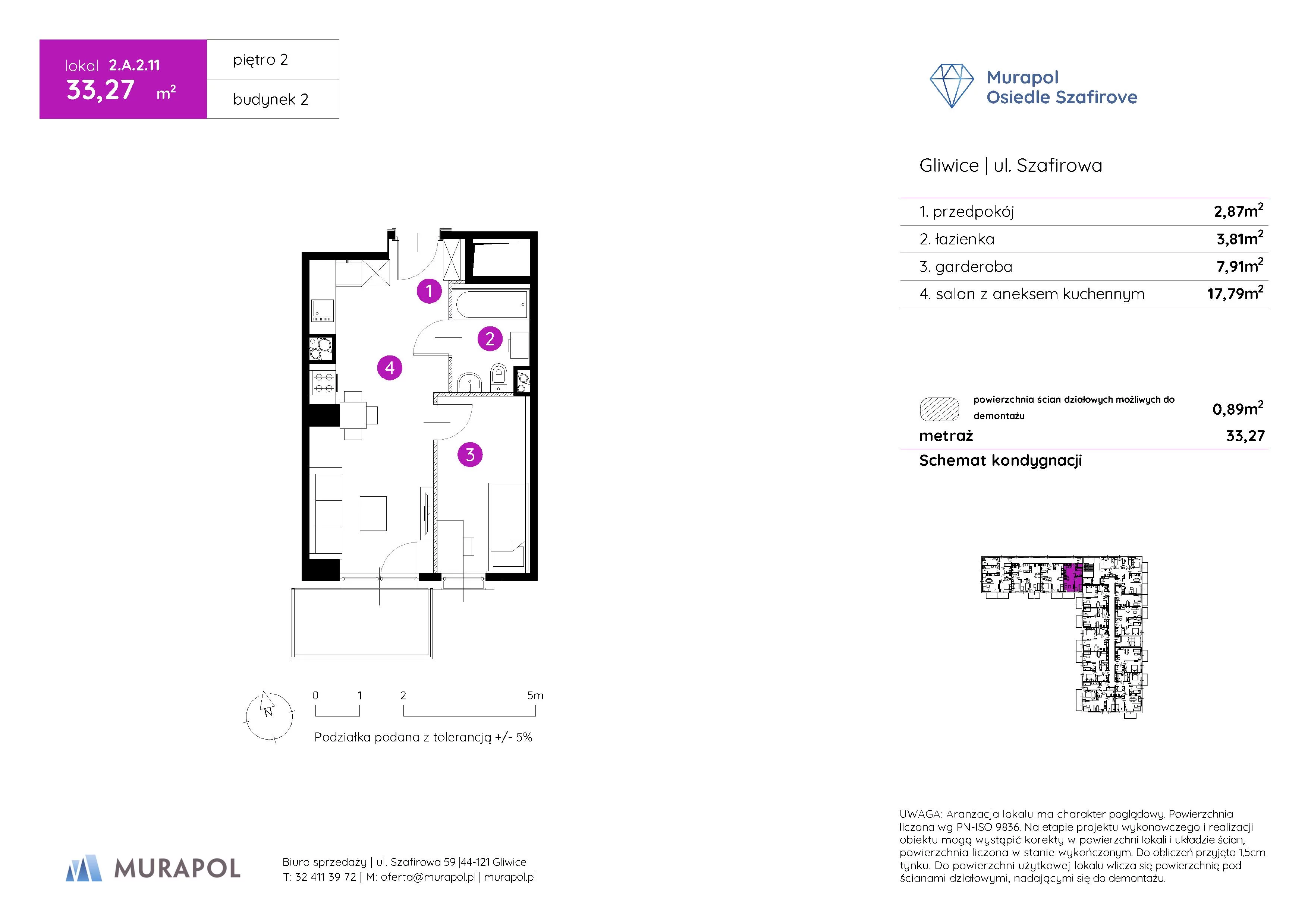 1 pokój, mieszkanie 33,27 m², piętro 2, oferta nr 2.A.2.11, Murapol Osiedle Szafirove, Gliwice, Stare Gliwice, ul. Szafirowa