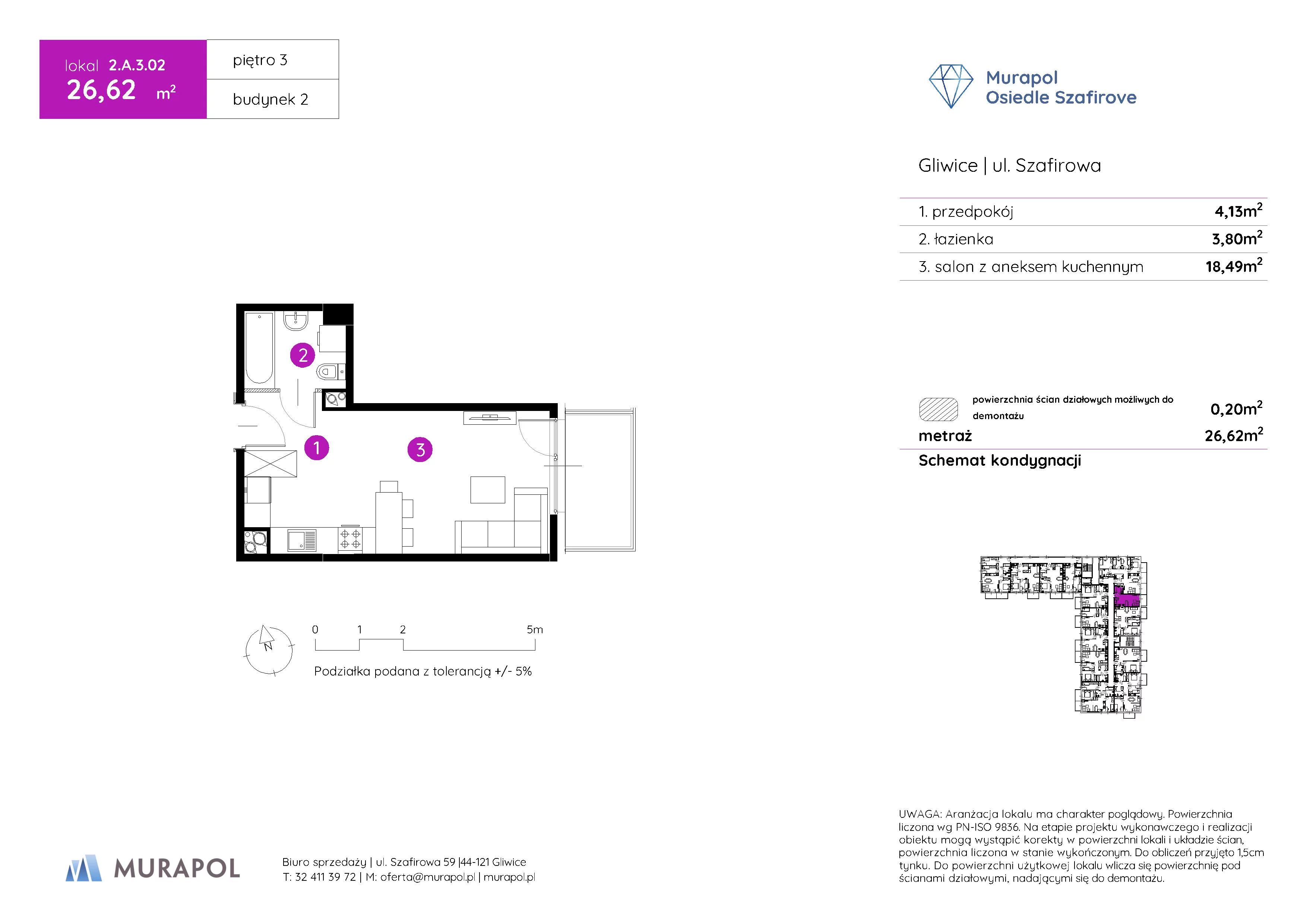 1 pokój, mieszkanie 26,62 m², piętro 3, oferta nr 2.A.3.02, Murapol Osiedle Szafirove, Gliwice, Stare Gliwice, ul. Szafirowa