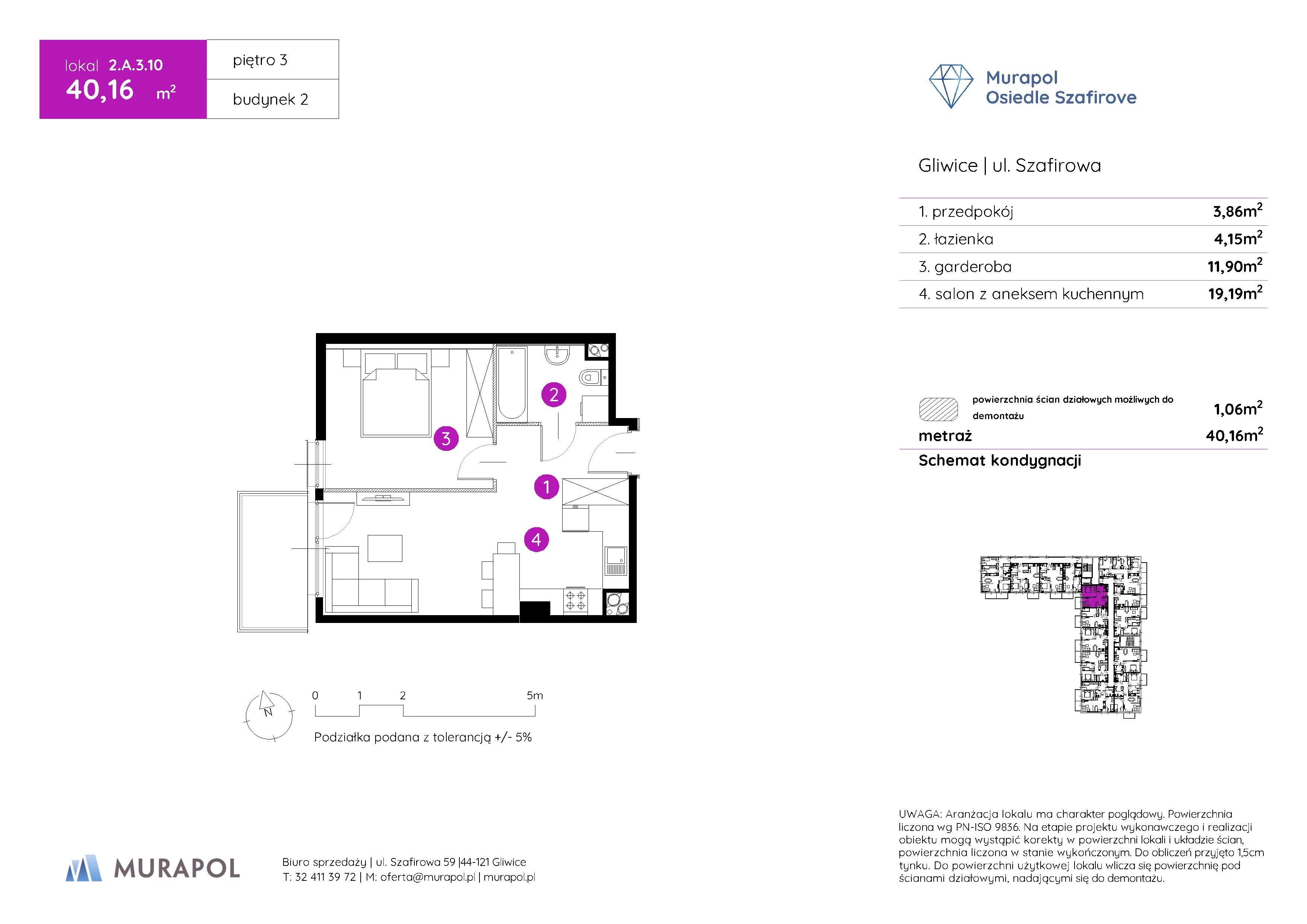 1 pokój, mieszkanie 40,16 m², piętro 3, oferta nr 2.A.3.10, Murapol Osiedle Szafirove, Gliwice, Stare Gliwice, ul. Szafirowa