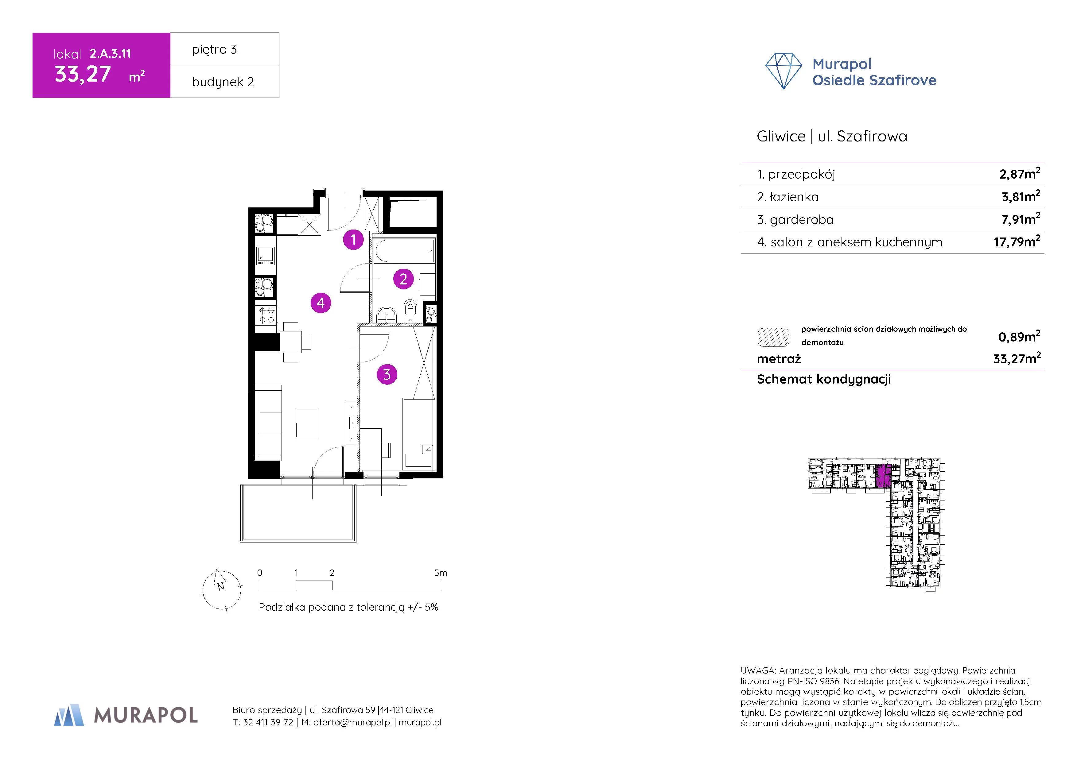1 pokój, mieszkanie 33,27 m², piętro 3, oferta nr 2.A.3.11, Murapol Osiedle Szafirove, Gliwice, Stare Gliwice, ul. Szafirowa