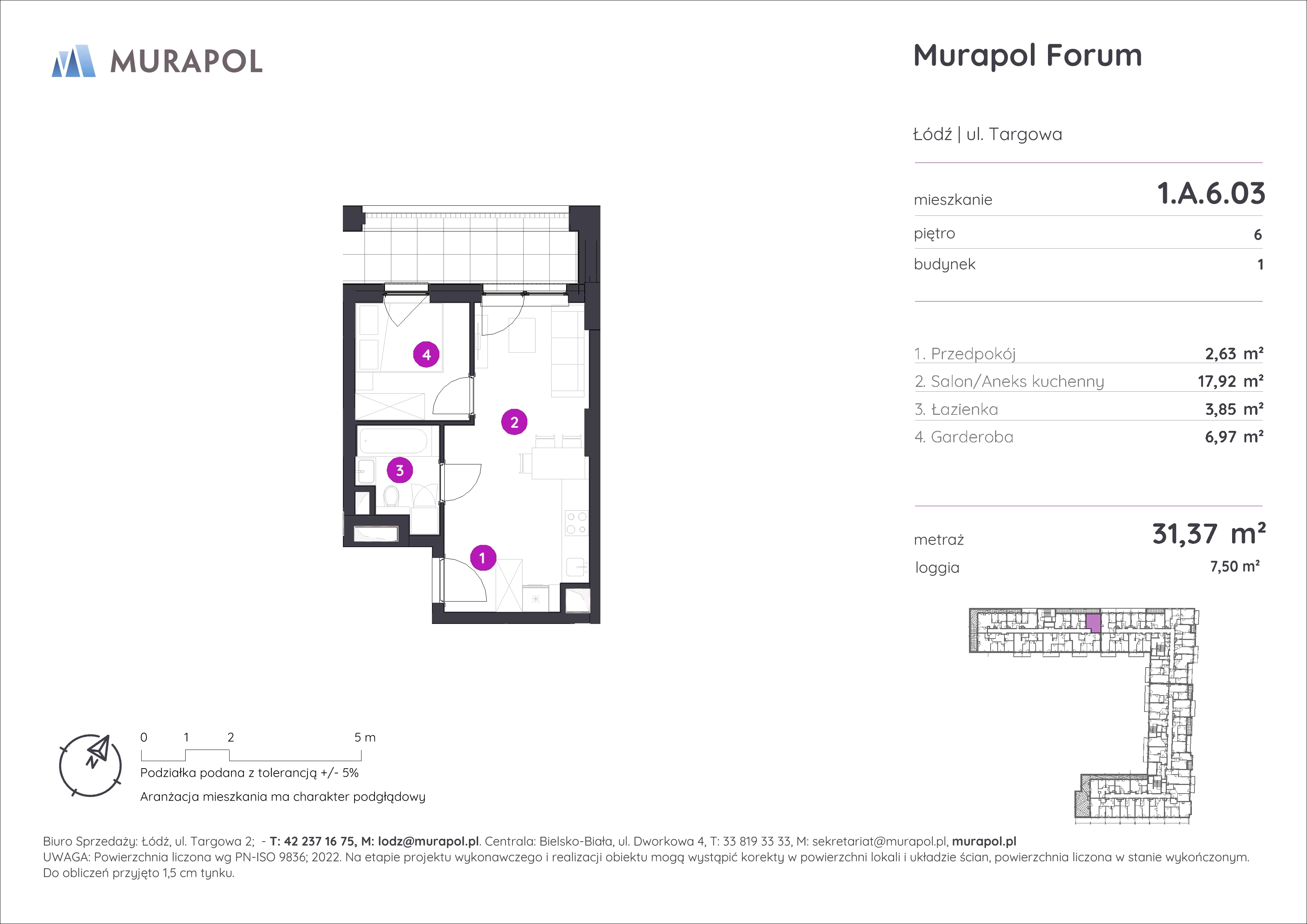 Mieszkanie 31,37 m², piętro 6, oferta nr 1.A.6.03, Murapol Forum, Łódź, Śródmieście, ul. Targowa