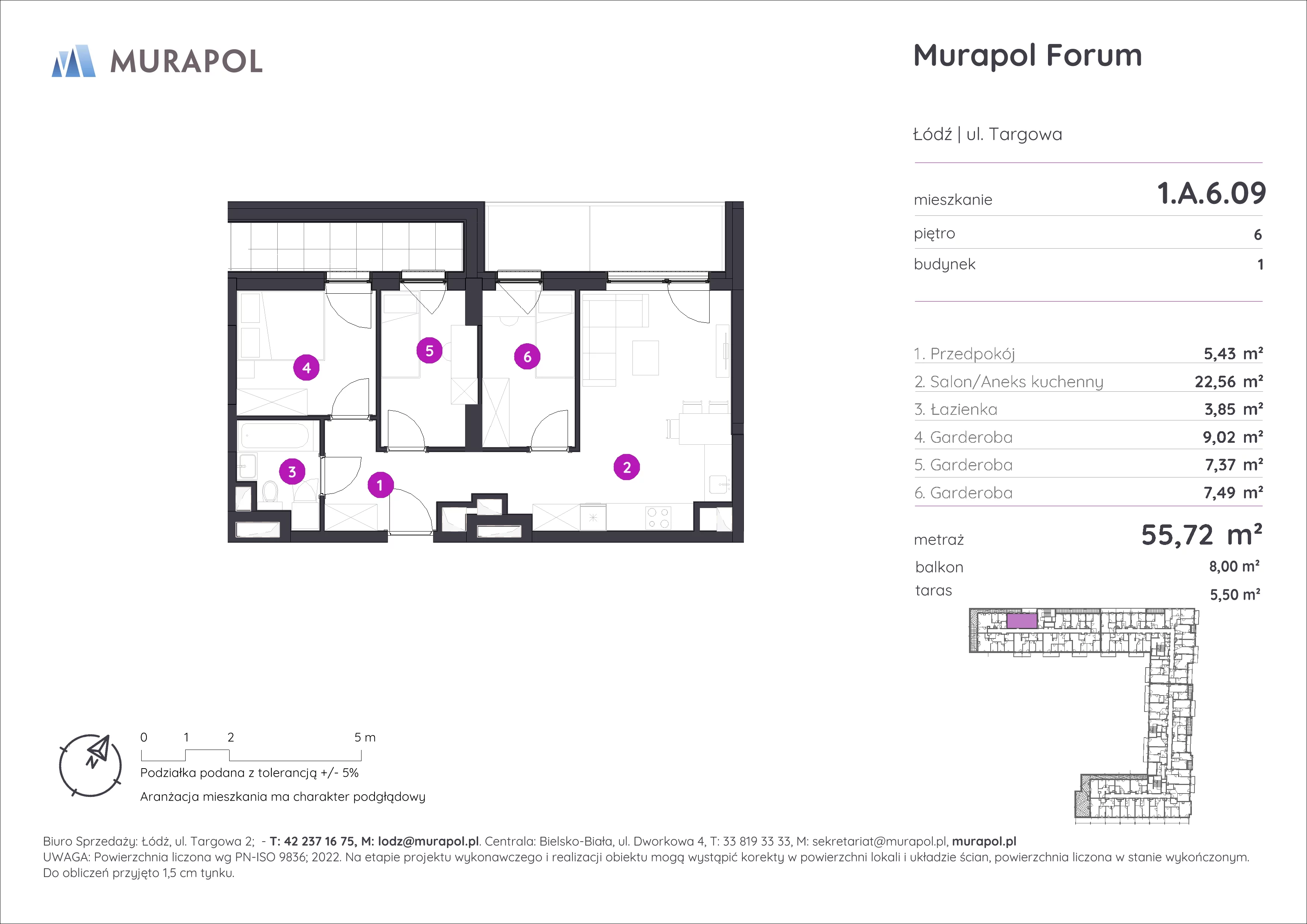 1 pokój, mieszkanie 55,72 m², piętro 6, oferta nr 1.A.6.09, Murapol Forum, Łódź, Śródmieście, ul. Targowa