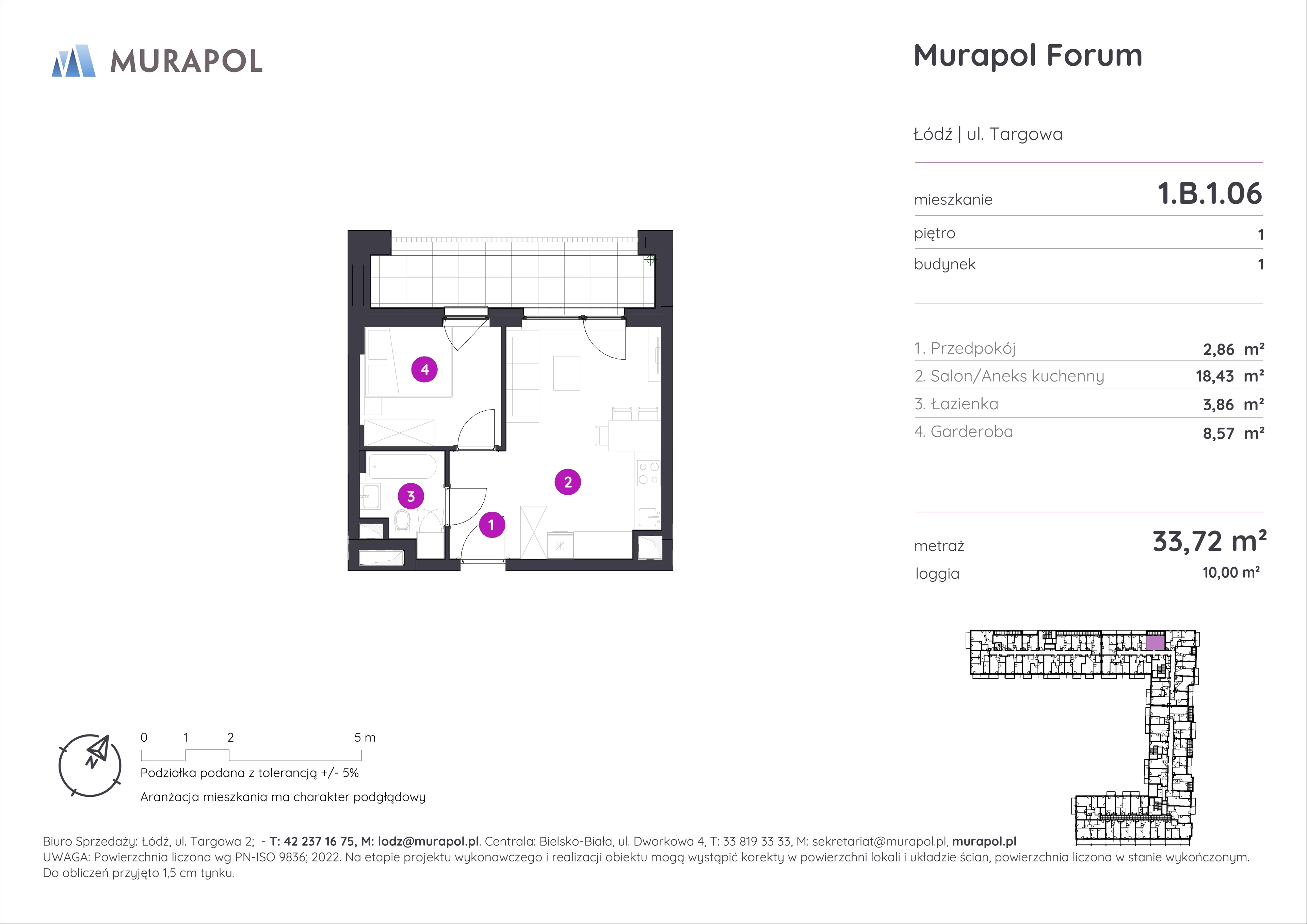 Mieszkanie 33,72 m², piętro 1, oferta nr 1.B.1.06, Murapol Forum, Łódź, Śródmieście, ul. Targowa