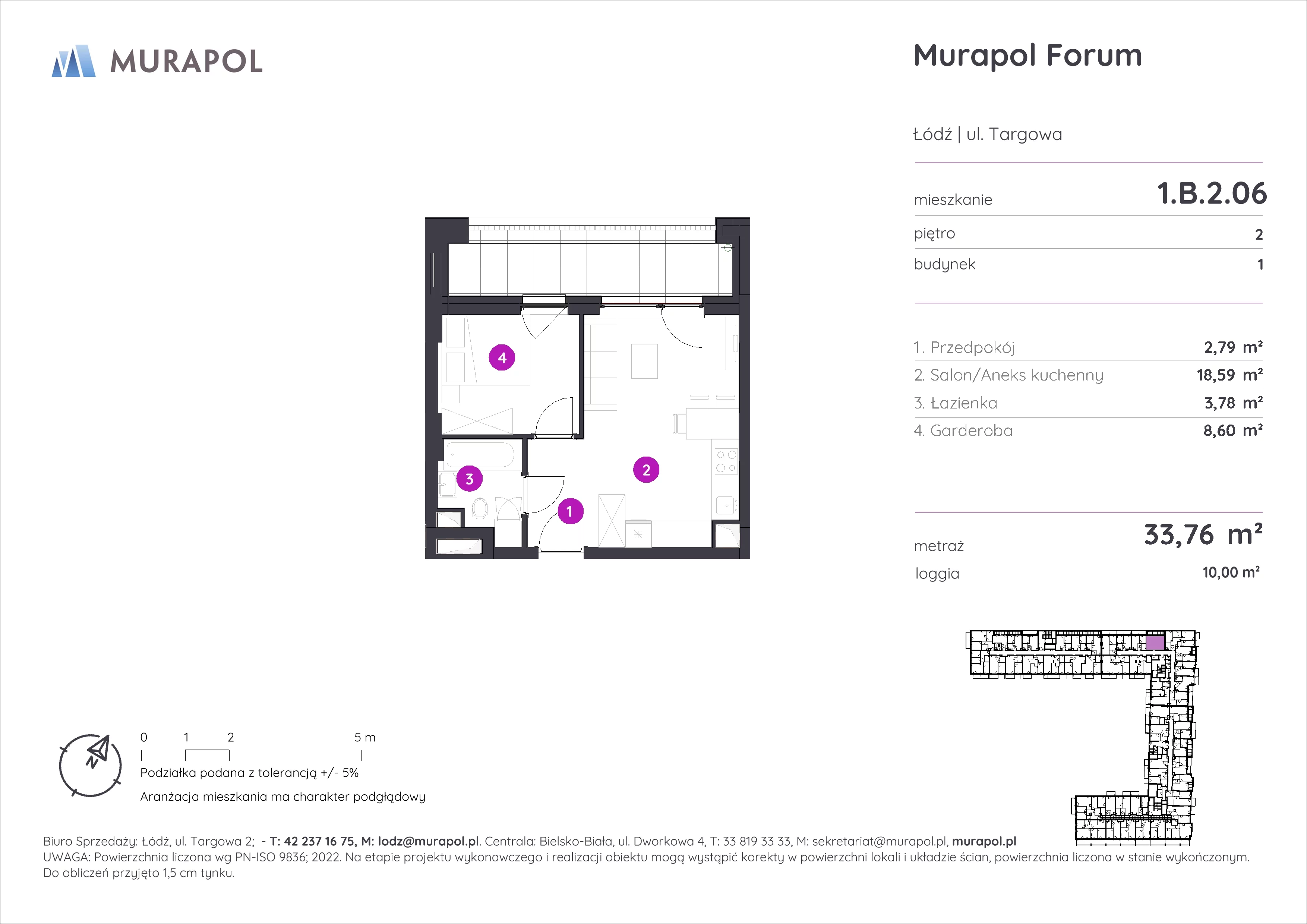 Mieszkanie 33,76 m², piętro 2, oferta nr 1.B.2.06, Murapol Forum, Łódź, Śródmieście, ul. Targowa