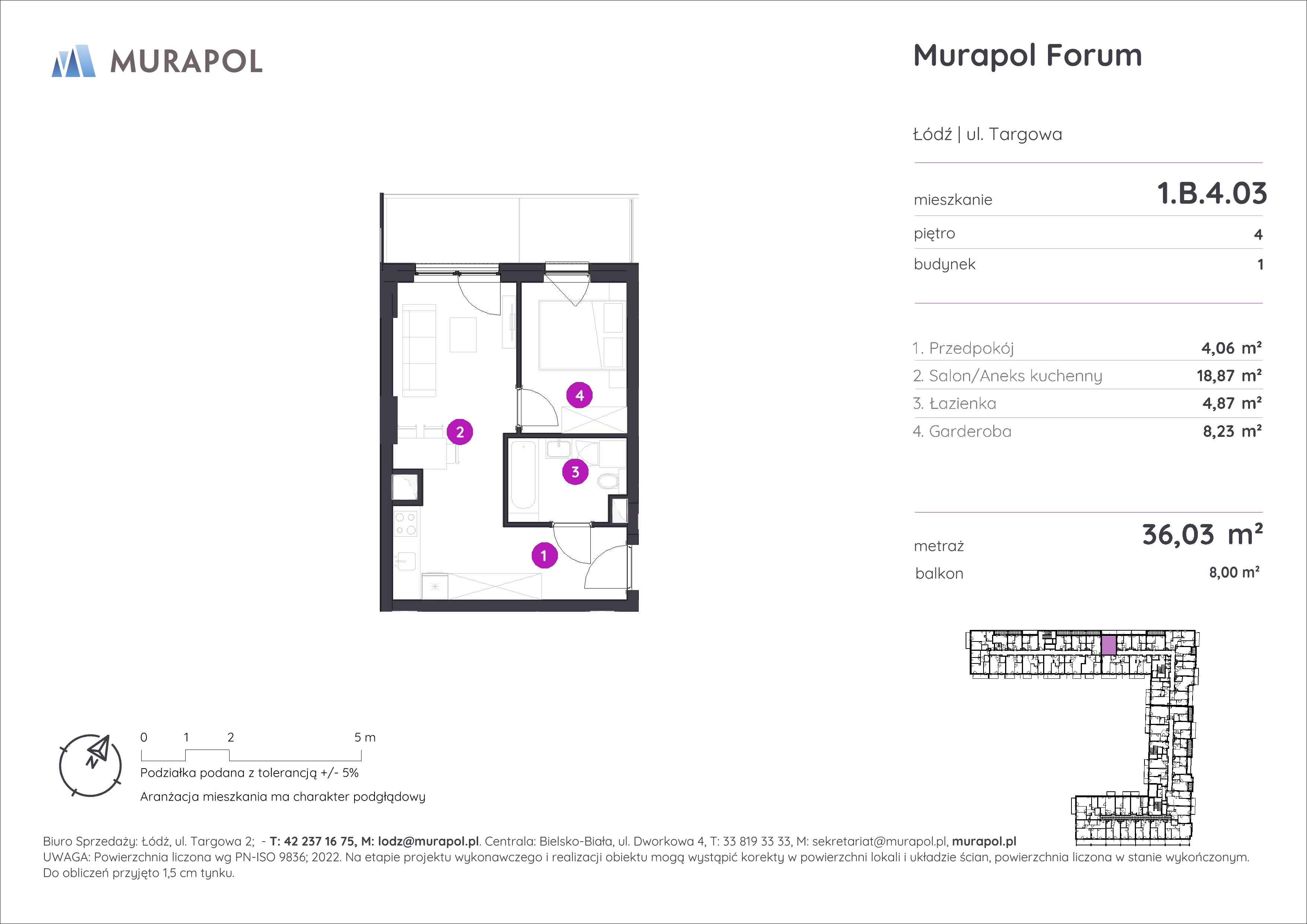 1 pokój, mieszkanie 36,03 m², piętro 4, oferta nr 1.B.4.03, Murapol Forum, Łódź, Śródmieście, ul. Targowa