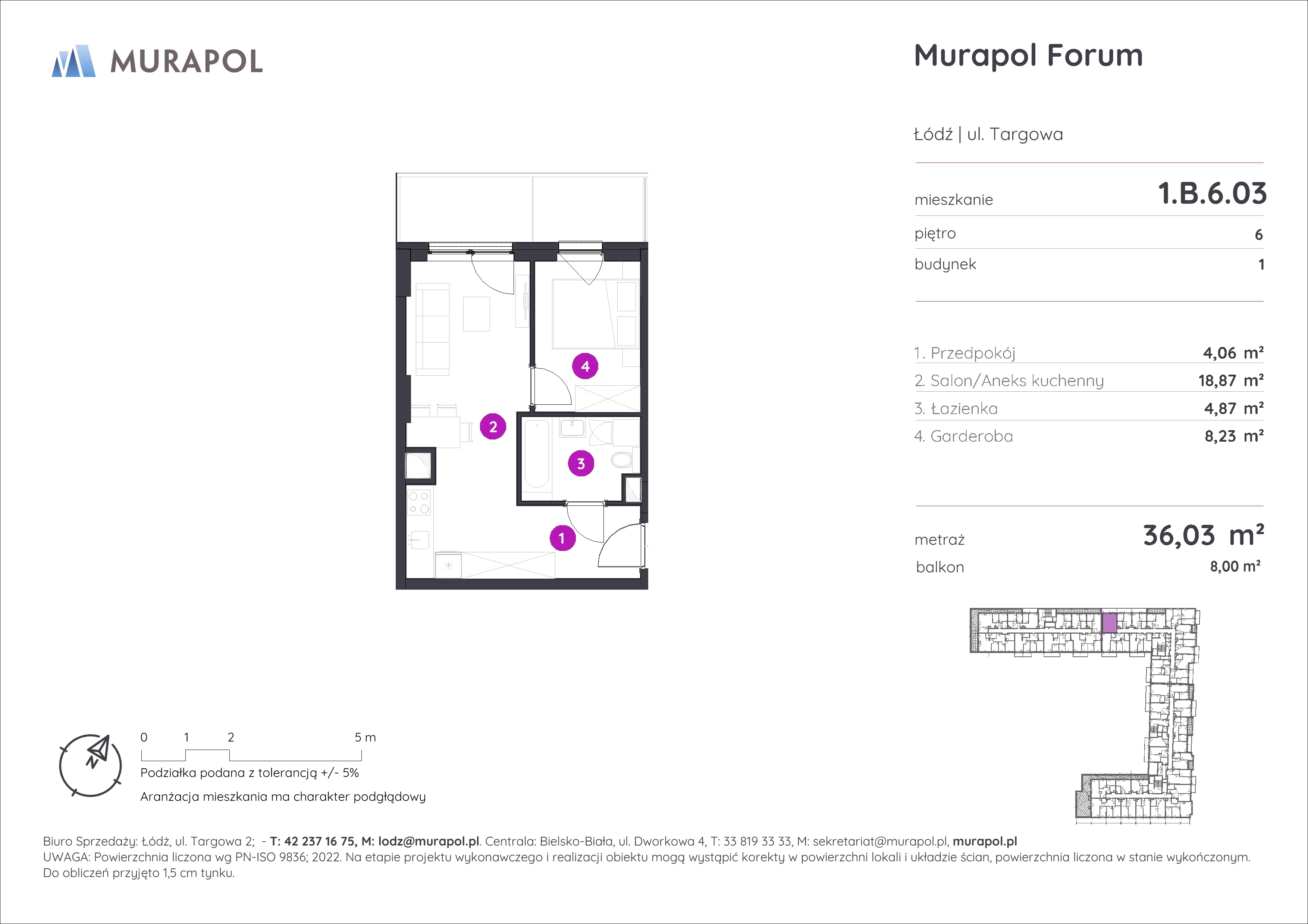 1 pokój, mieszkanie 36,03 m², piętro 6, oferta nr 1.B.6.03, Murapol Forum, Łódź, Śródmieście, ul. Targowa