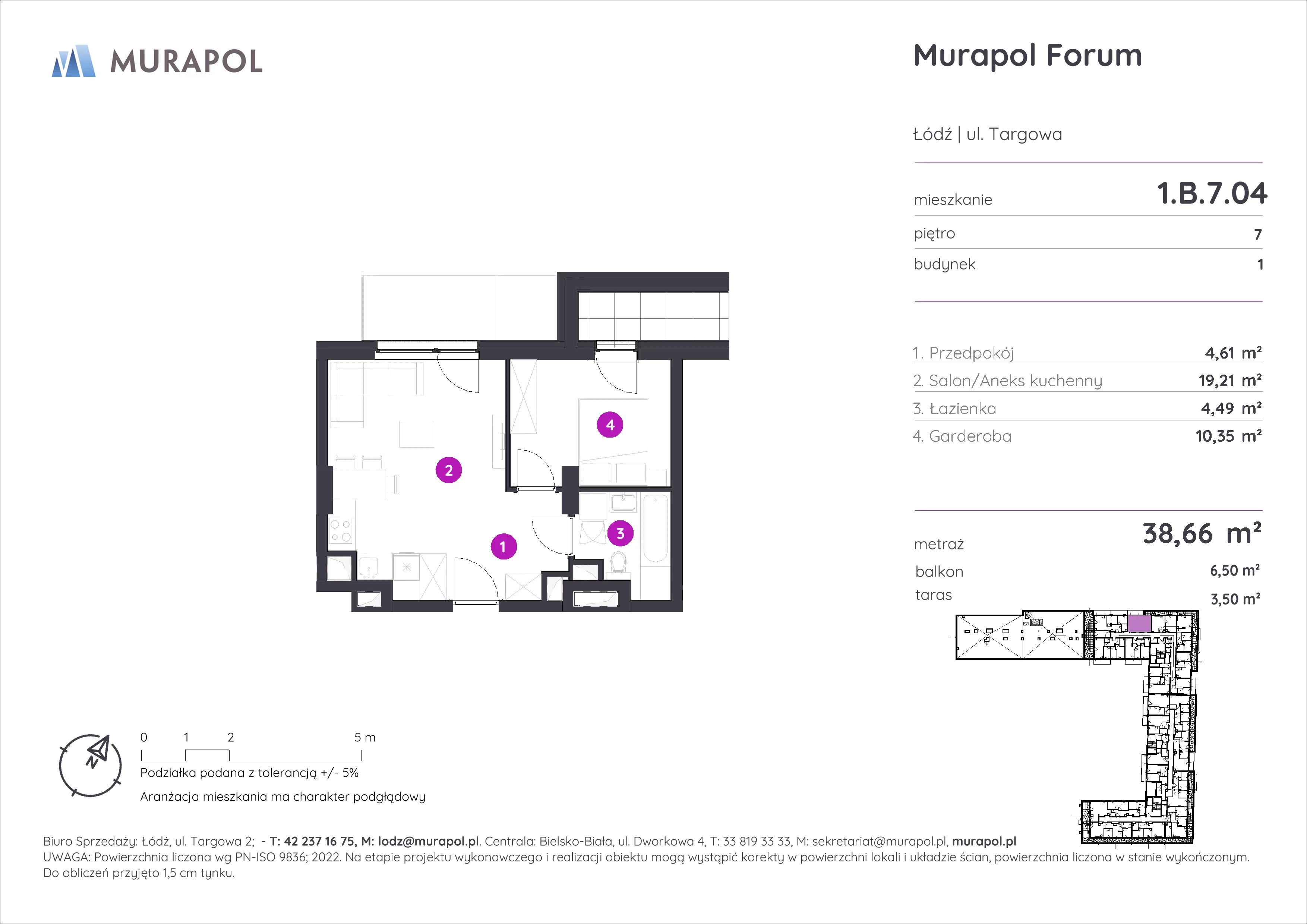 Mieszkanie 38,66 m², piętro 7, oferta nr 1.B.7.04, Murapol Forum, Łódź, Śródmieście, ul. Targowa-idx