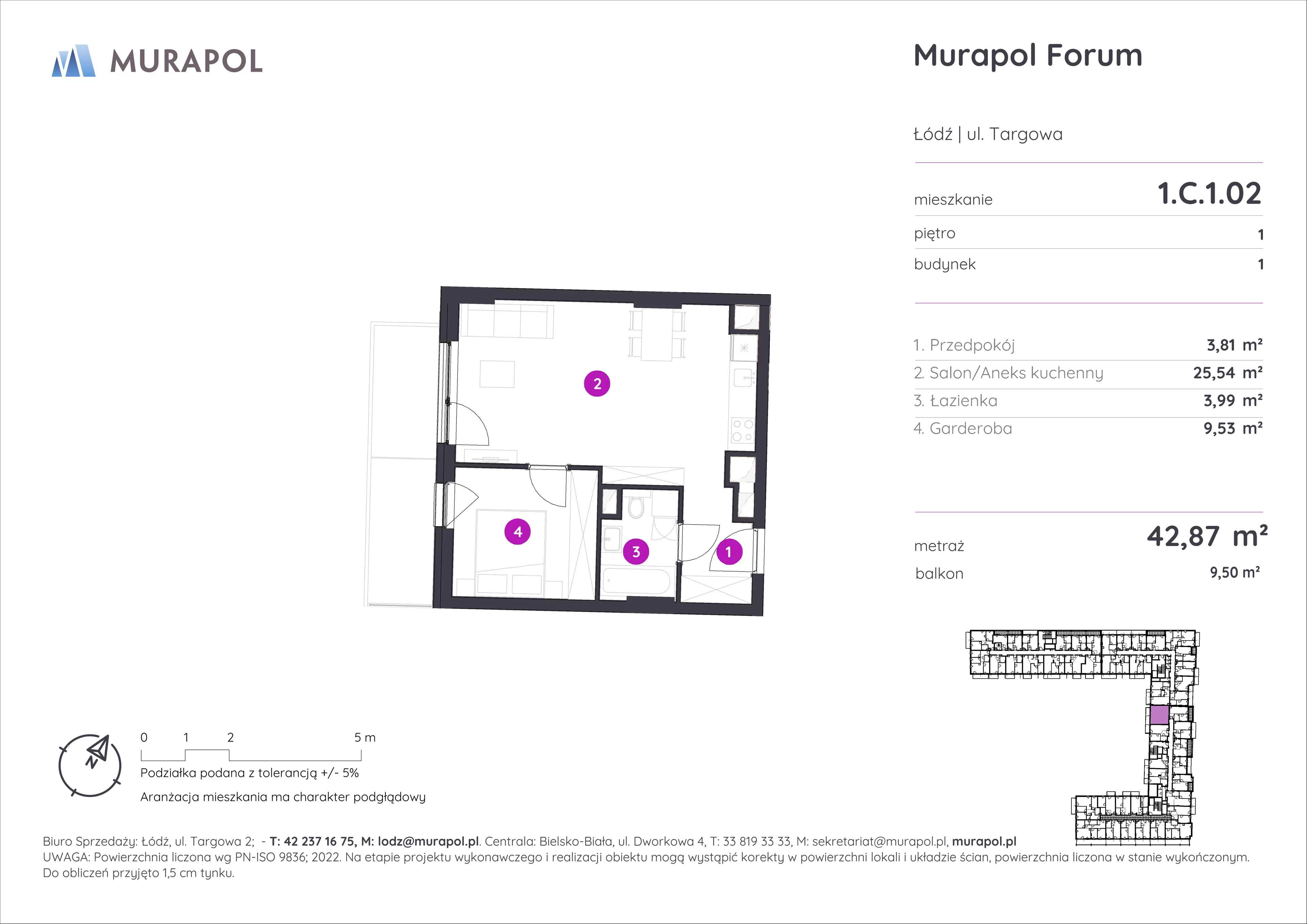 1 pokój, mieszkanie 42,87 m², piętro 1, oferta nr 1.C.1.02, Murapol Forum, Łódź, Śródmieście, ul. Targowa