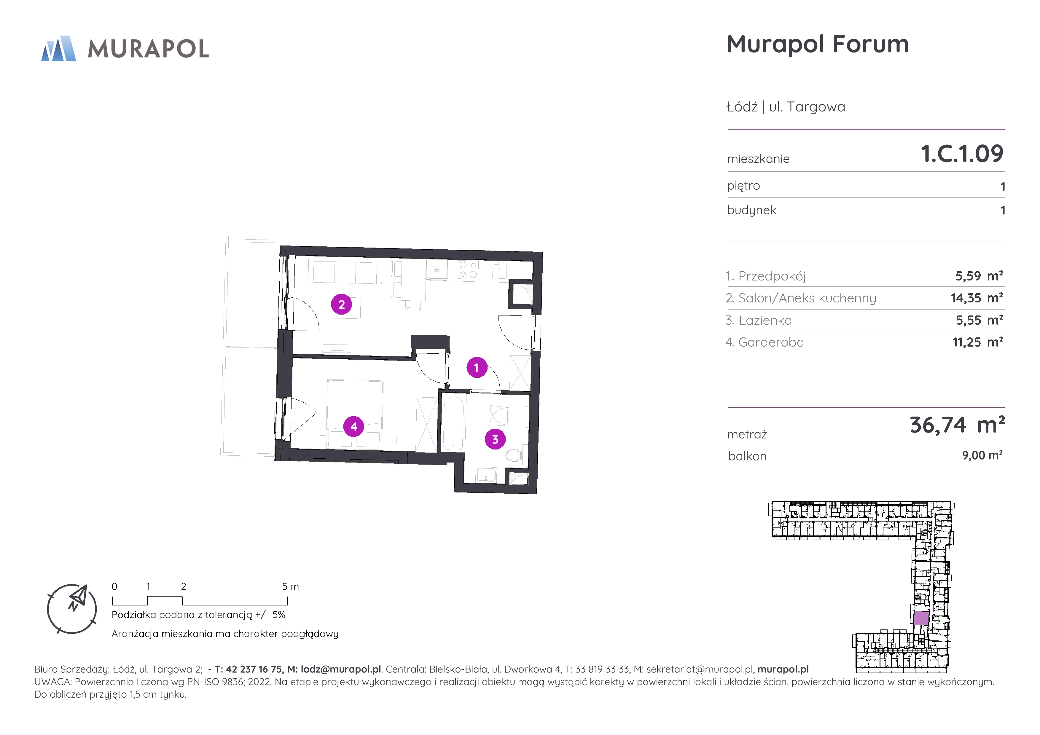 Mieszkanie 36,74 m², piętro 1, oferta nr 1.C.1.09, Murapol Forum, Łódź, Śródmieście, ul. Targowa