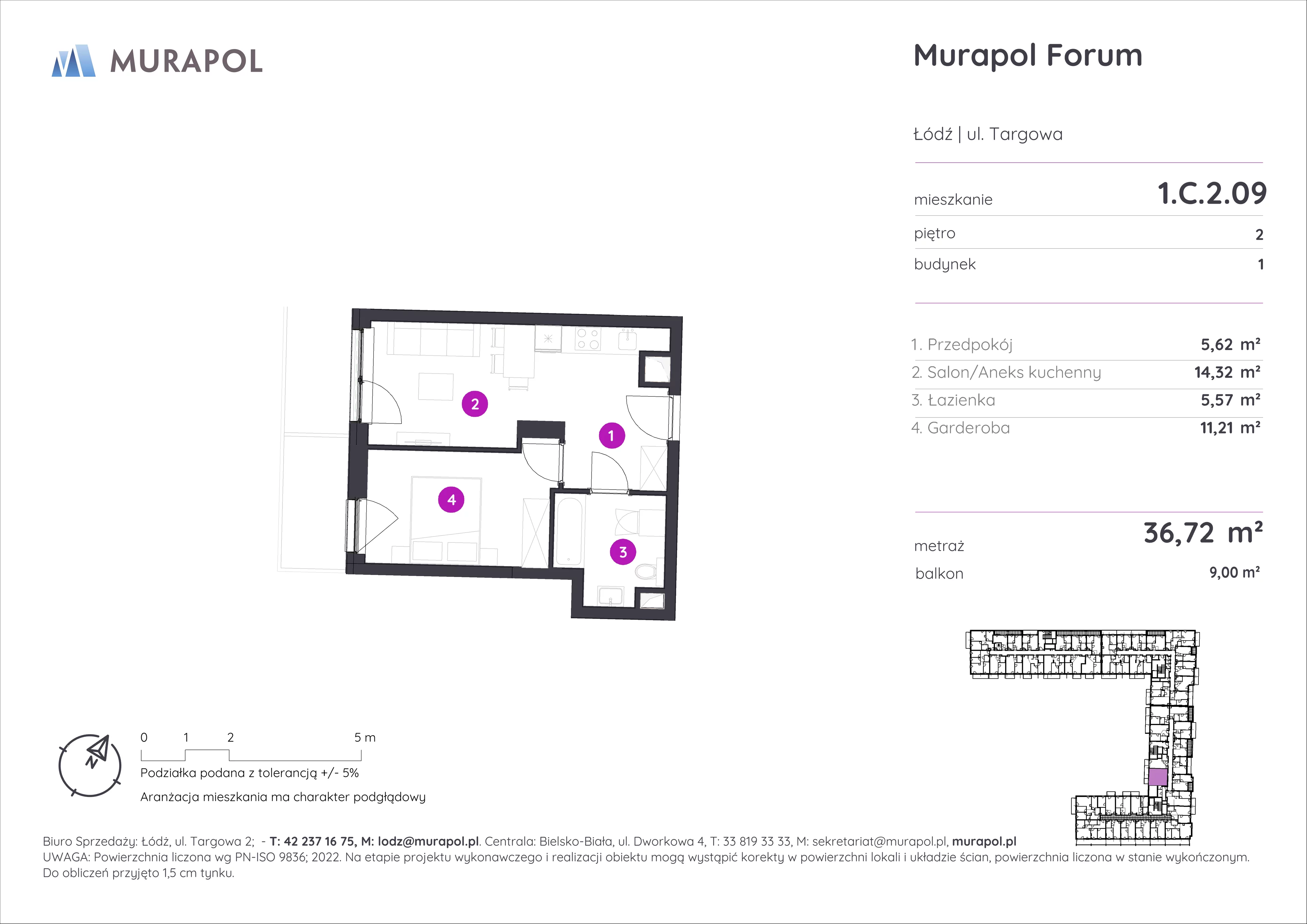 1 pokój, mieszkanie 36,72 m², piętro 2, oferta nr 1.C.2.09, Murapol Forum, Łódź, Śródmieście, ul. Targowa