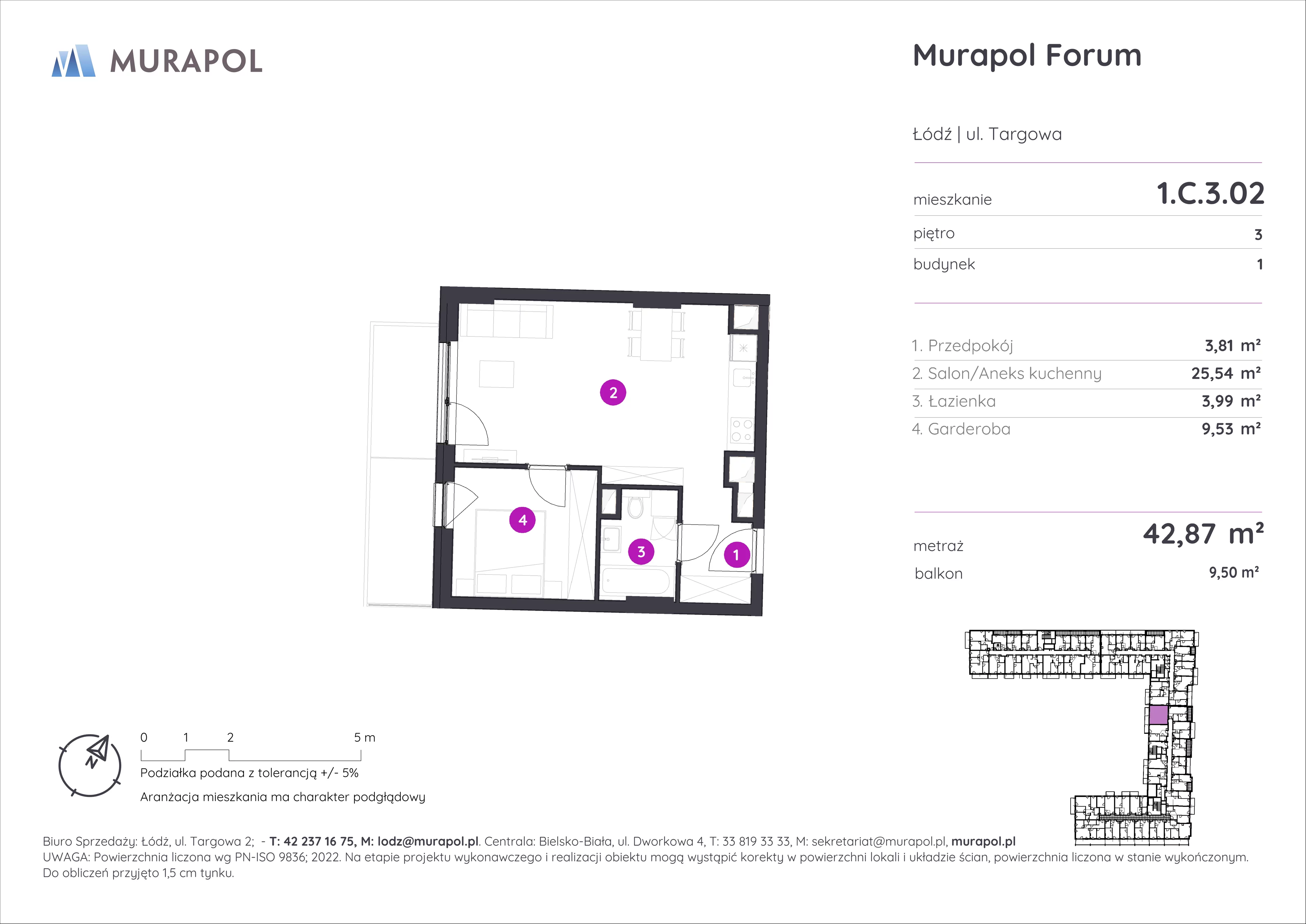 Mieszkanie 42,87 m², piętro 3, oferta nr 1.C.3.02, Murapol Forum, Łódź, Śródmieście, ul. Targowa