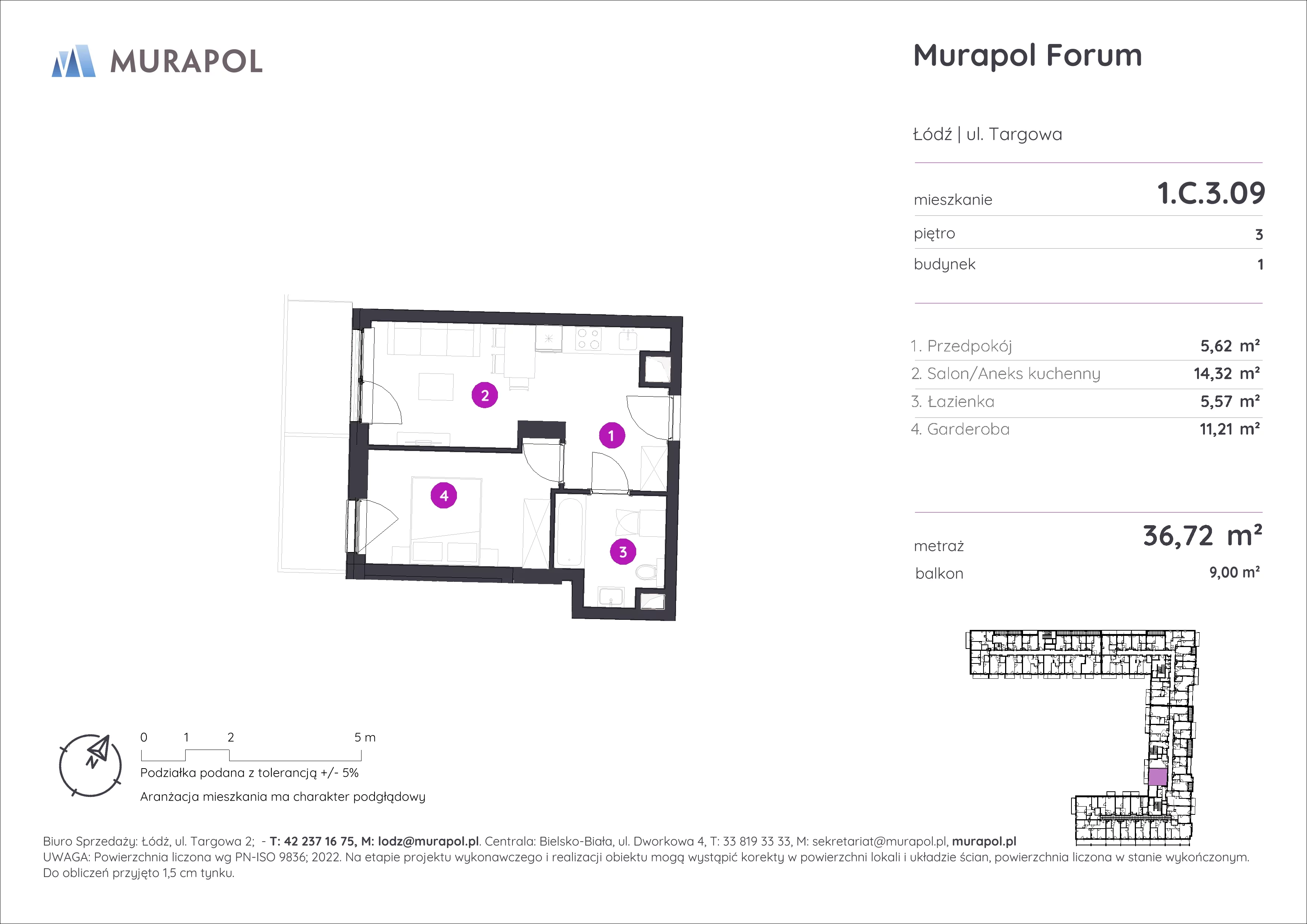 1 pokój, mieszkanie 36,72 m², piętro 3, oferta nr 1.C.3.09, Murapol Forum, Łódź, Śródmieście, ul. Targowa