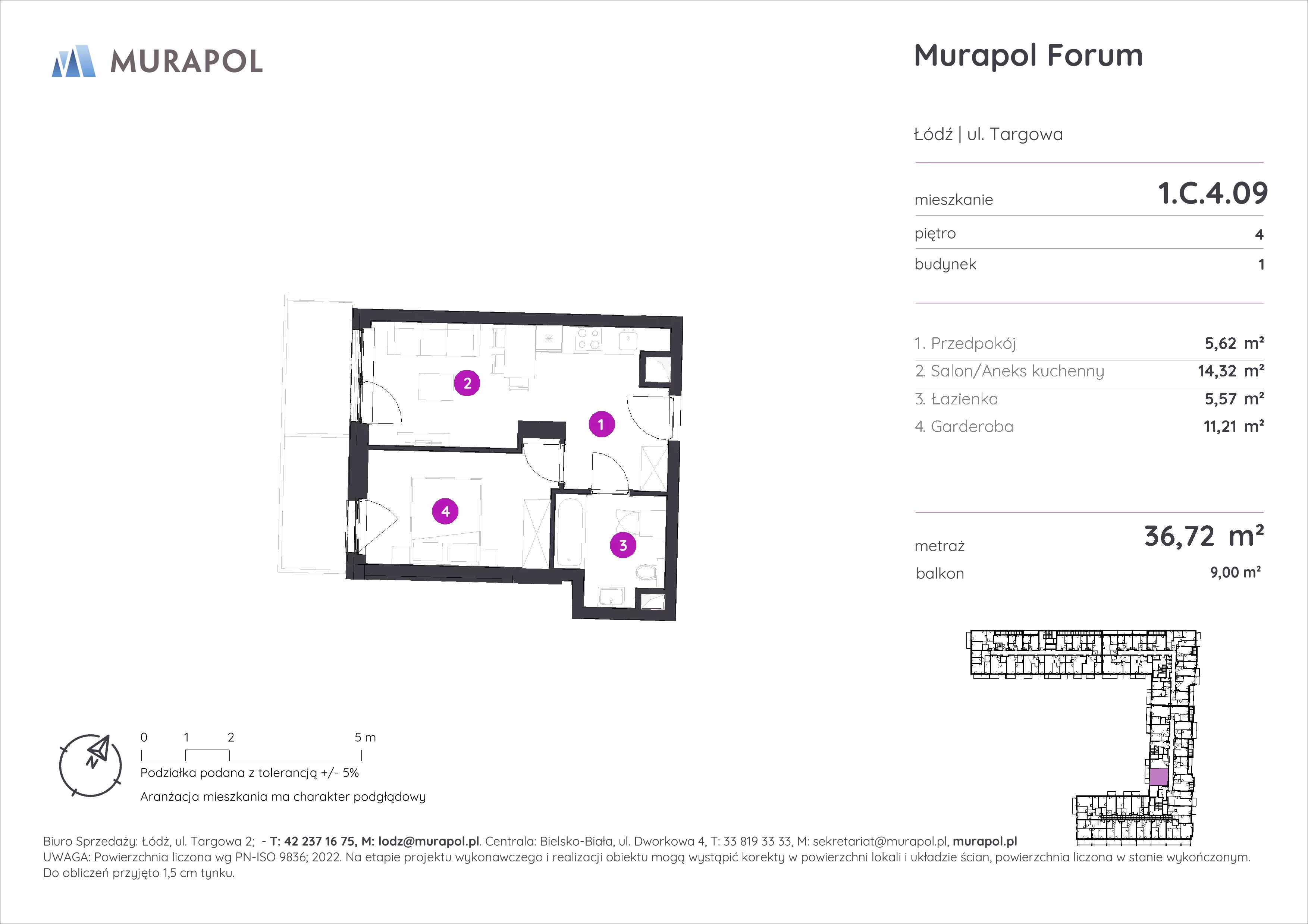 Mieszkanie 36,72 m², piętro 4, oferta nr 1.C.4.09, Murapol Forum, Łódź, Śródmieście, ul. Targowa