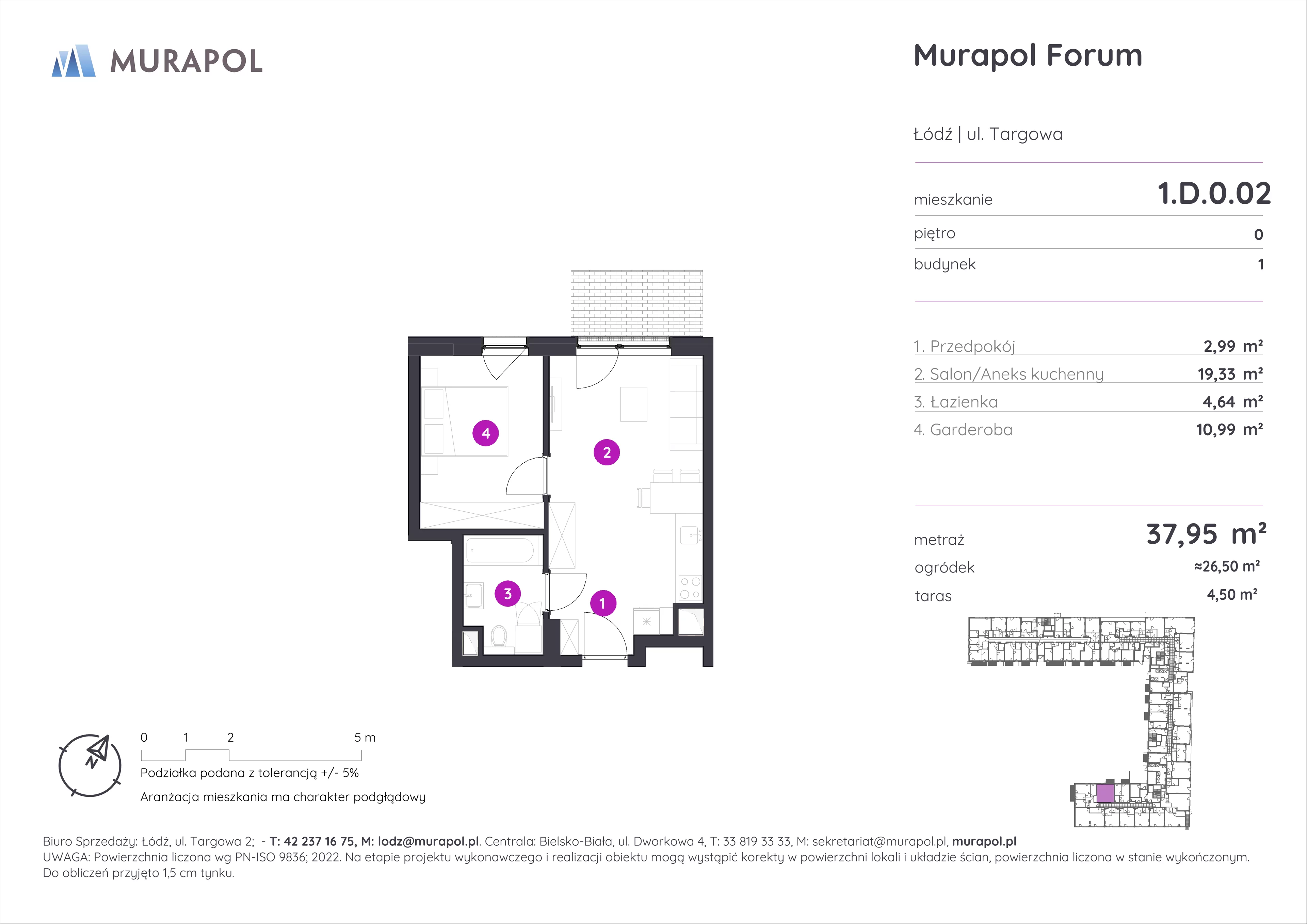 Mieszkanie 37,95 m², parter, oferta nr 1.D.0.02, Murapol Forum, Łódź, Śródmieście, ul. Targowa